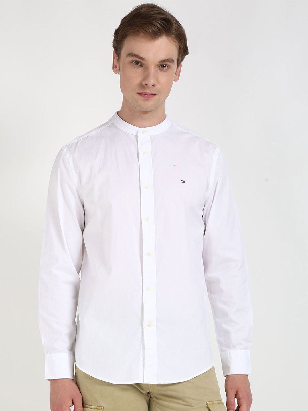 Tommy Hilfiger Men Band Collar Solid Cotton Casual Shirt