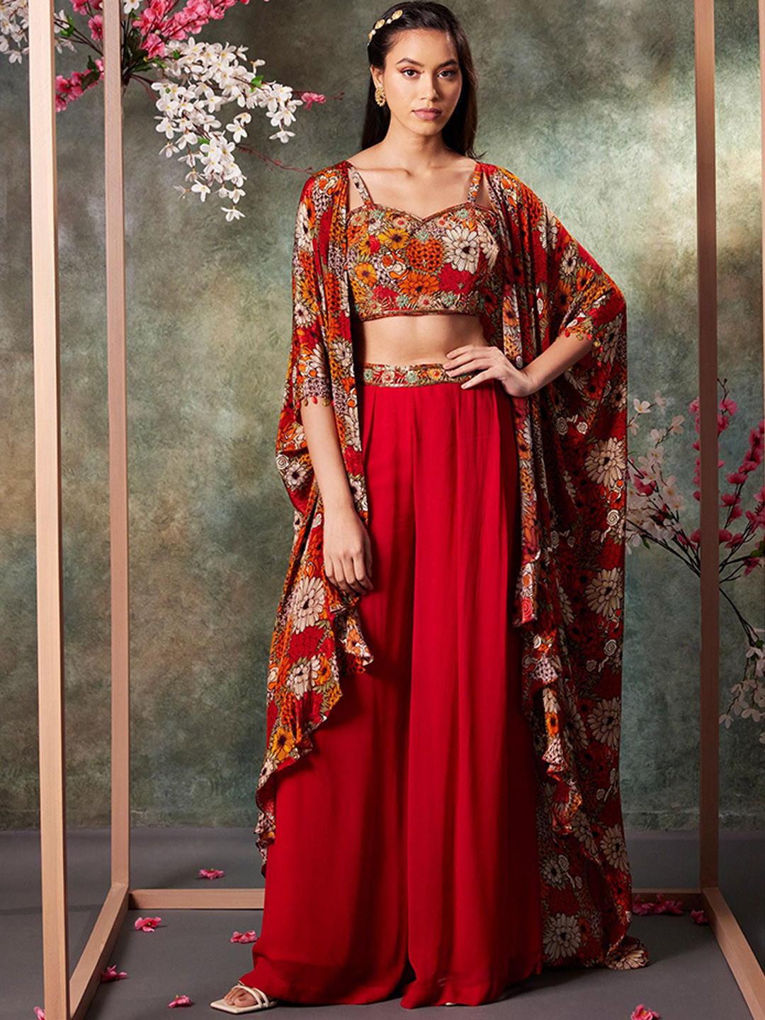 Mehak Murpana Printed Shoulder Straps Pure Silk Top & Palazzo With Shrug