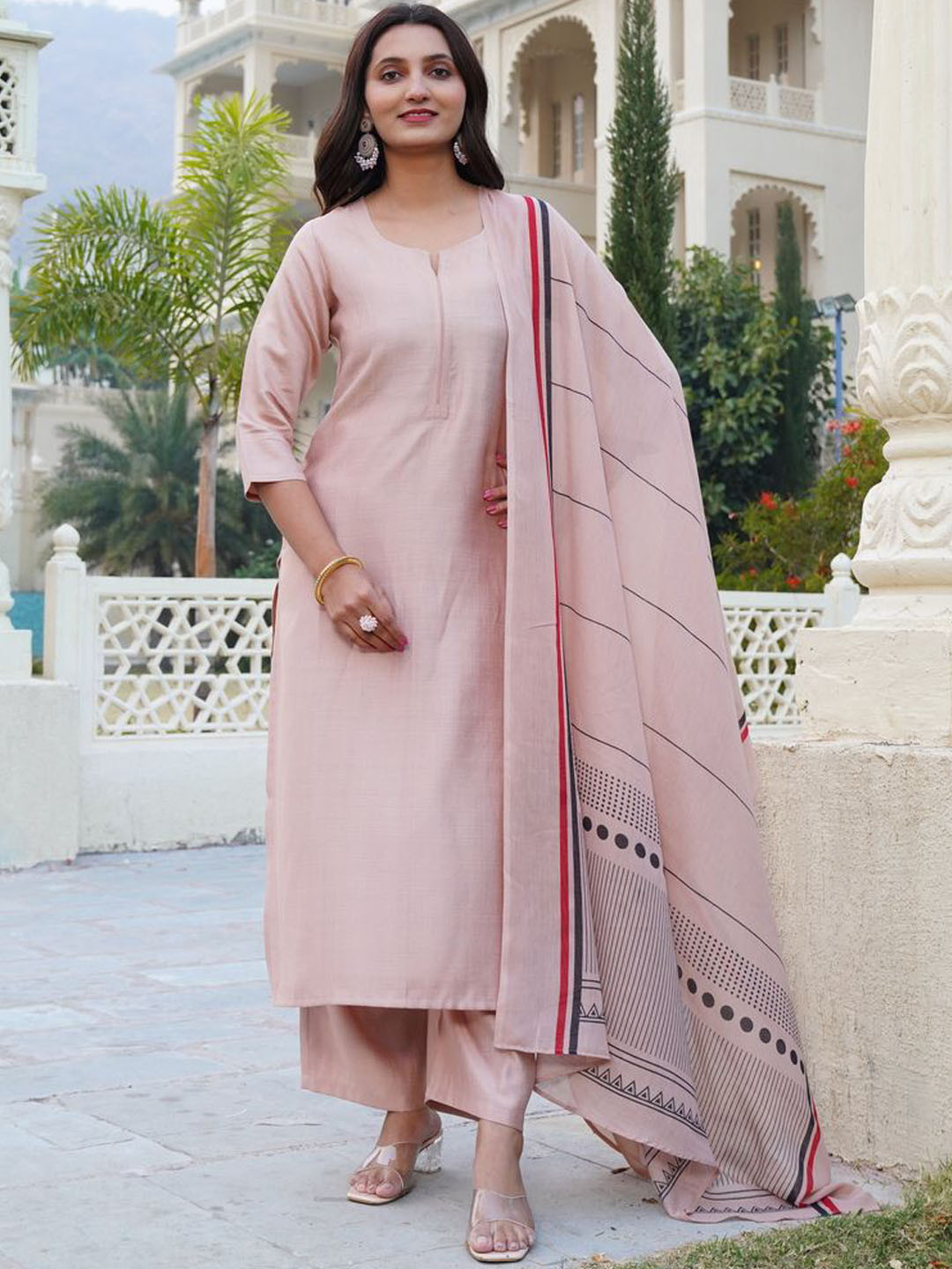 Anni Designer Notch Neck Straight Kurta With Palazzo & Dupatta
