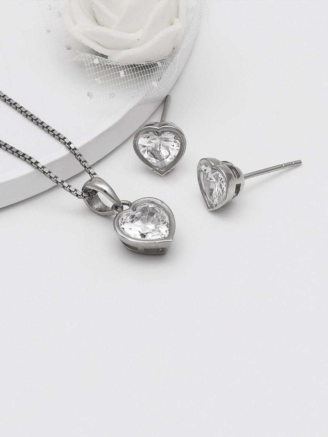 GIVA 925 Silver Rhodium-Plated Cubic Zirconia Studded Coeur Set With Box Chain