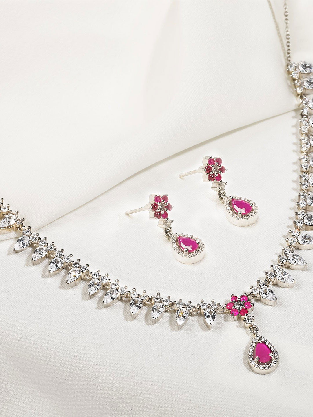 GIVA Silver Zircon-Studded Flower Drop Solitaire Jewellery Set