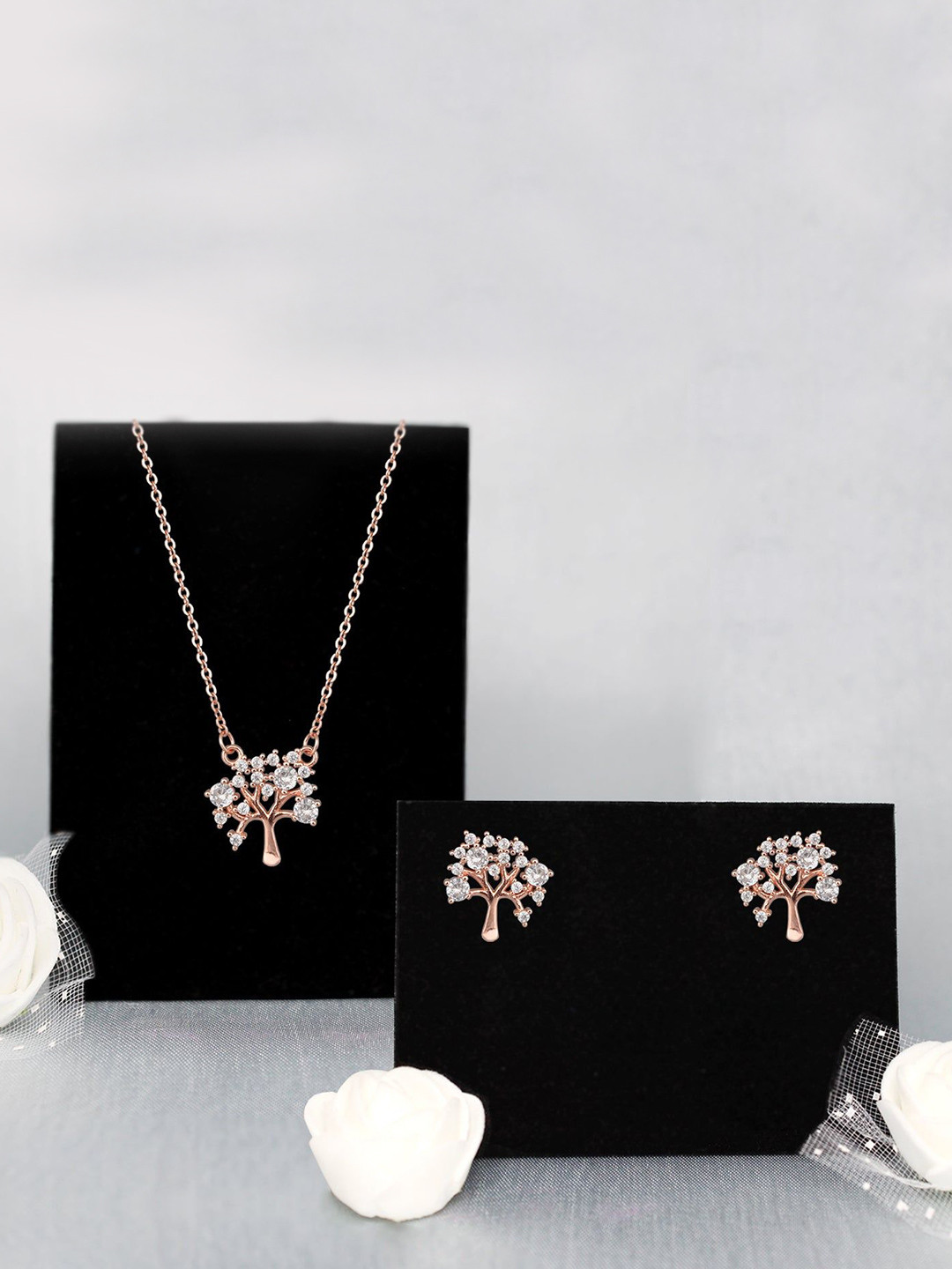 GIVA 925 Sterling Silver Rose Gold Plated CZ Studded Tree Of Life Jewellery Set