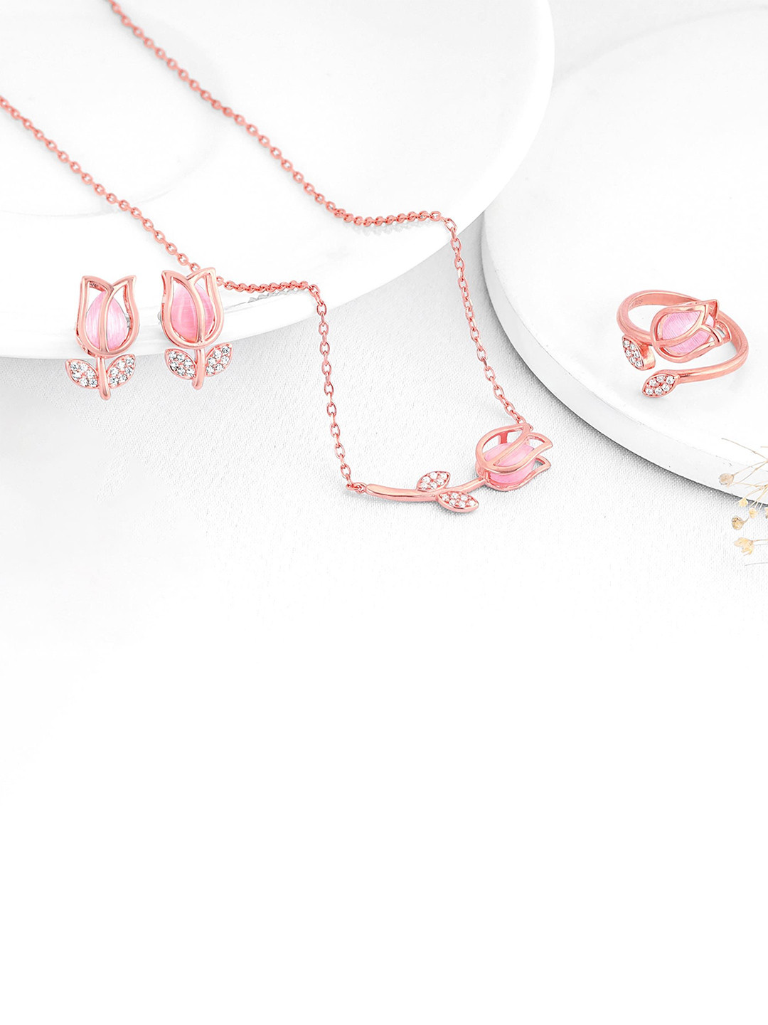 GIVA 925 Silver Rose Gold Plated Quartz Anushka Sharma Pink Quartz Flower Essential Set