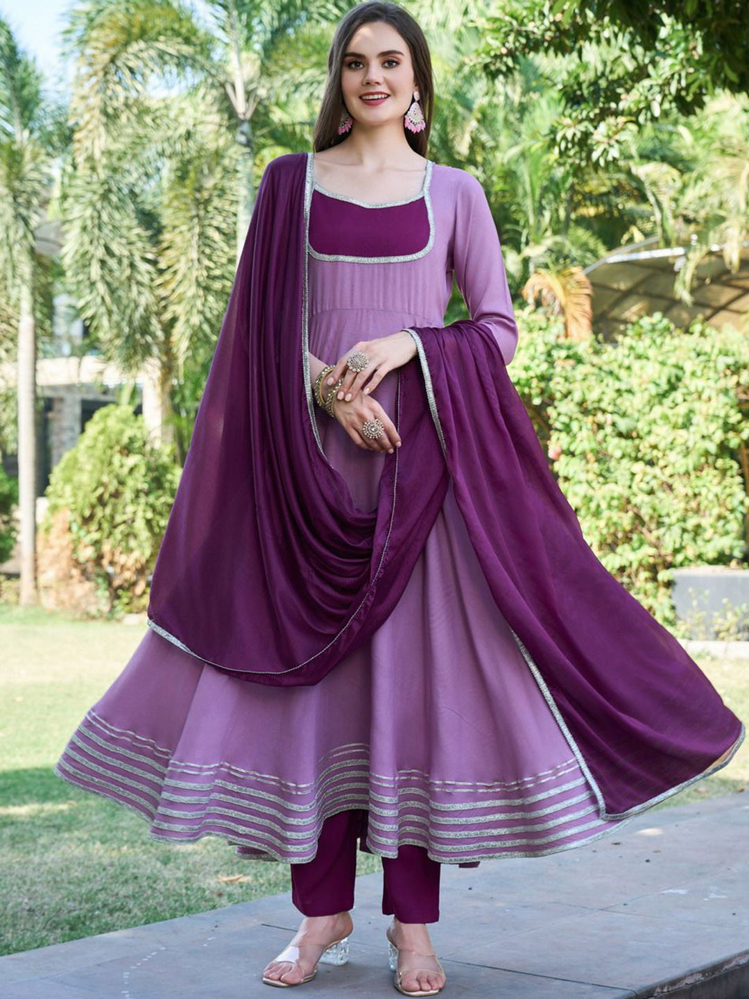 KALINI Panelled Round Neck Gotta Patti Anarkali Kurta With Trousers & Dupatta