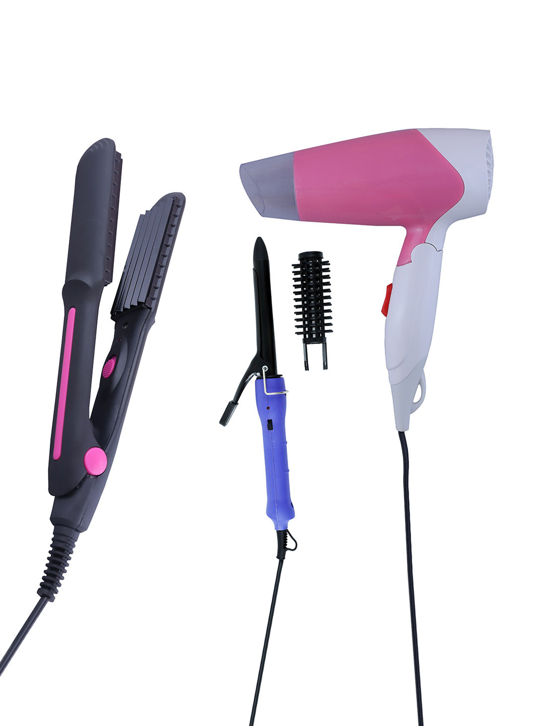 NIRVANI 3 Pcs NV-1270 1400 Hair Dryer Ceramic Plate Hair Crimper &16B Iron Rod Hair Curler