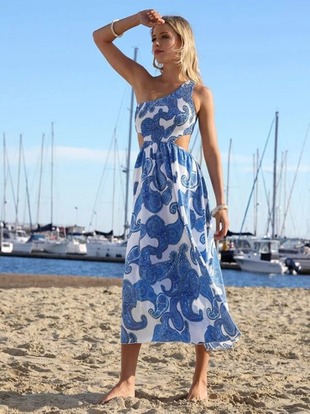 Stylecast X Slyck Ethnic Motif One Shoulder Maxi Dress