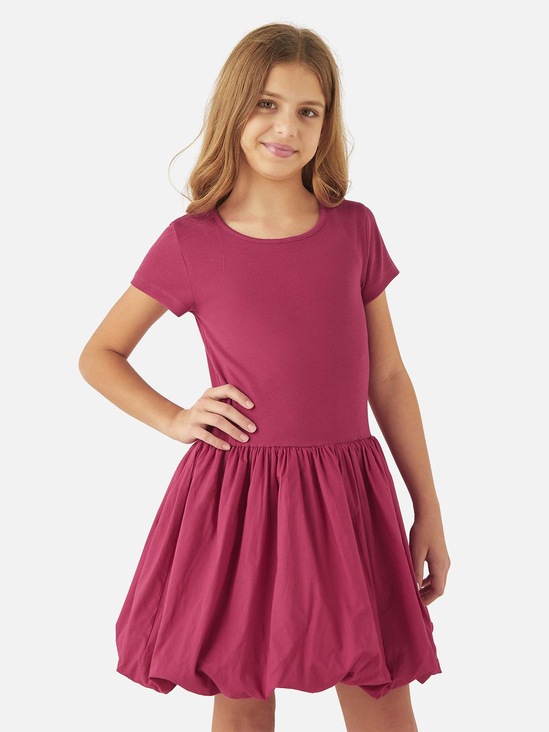 Juniors by Babyshop Girls Round Neck and Short Sleeves Cotton Balloon Dress