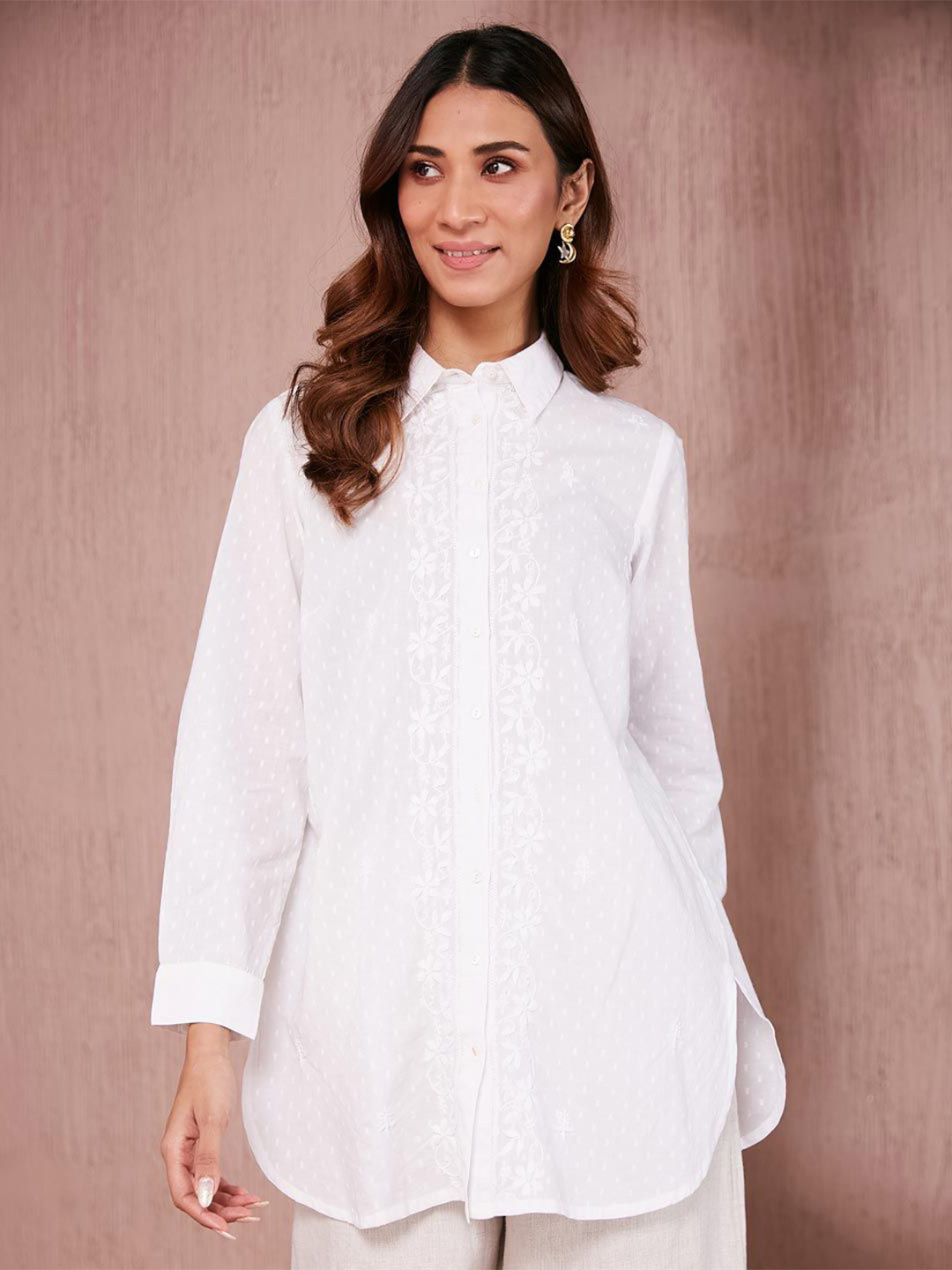 Fabindia Cotton Shirt Collar Embroidered Chikankari Tunic