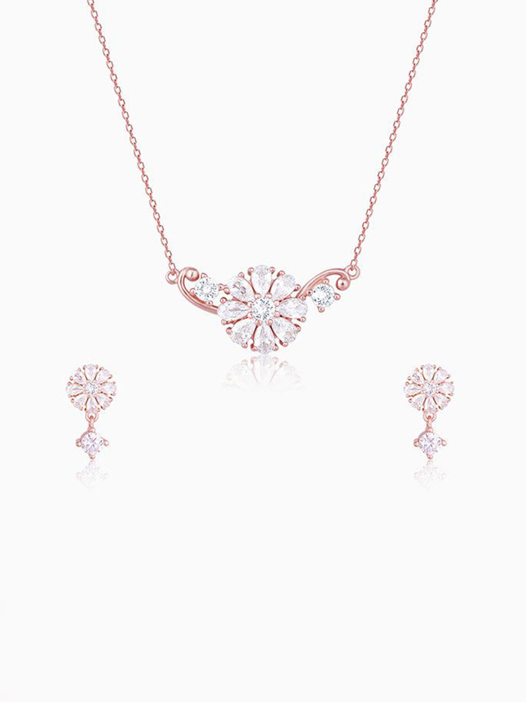 GIVA 925 Silver Rose Gold-Plated Cubic Zirconia Studded Floral Jewellery Set