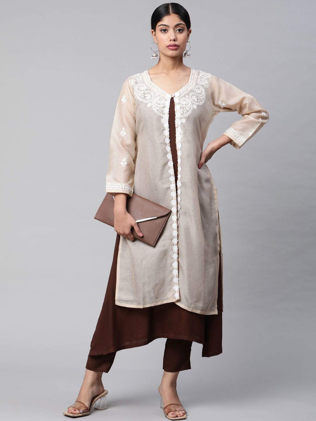 SHADES OF FAASHION Floral Self Design Chikankari Longline Button Shrug