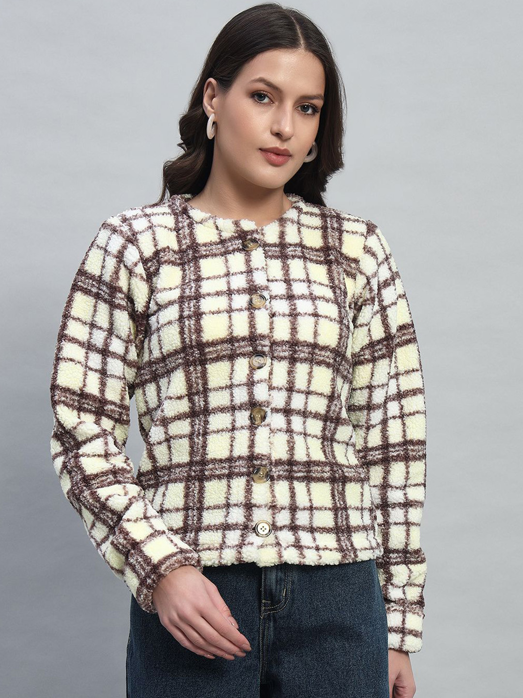 Chemistry Women Checked Mandarin Collar Fur Single Breasted Coat