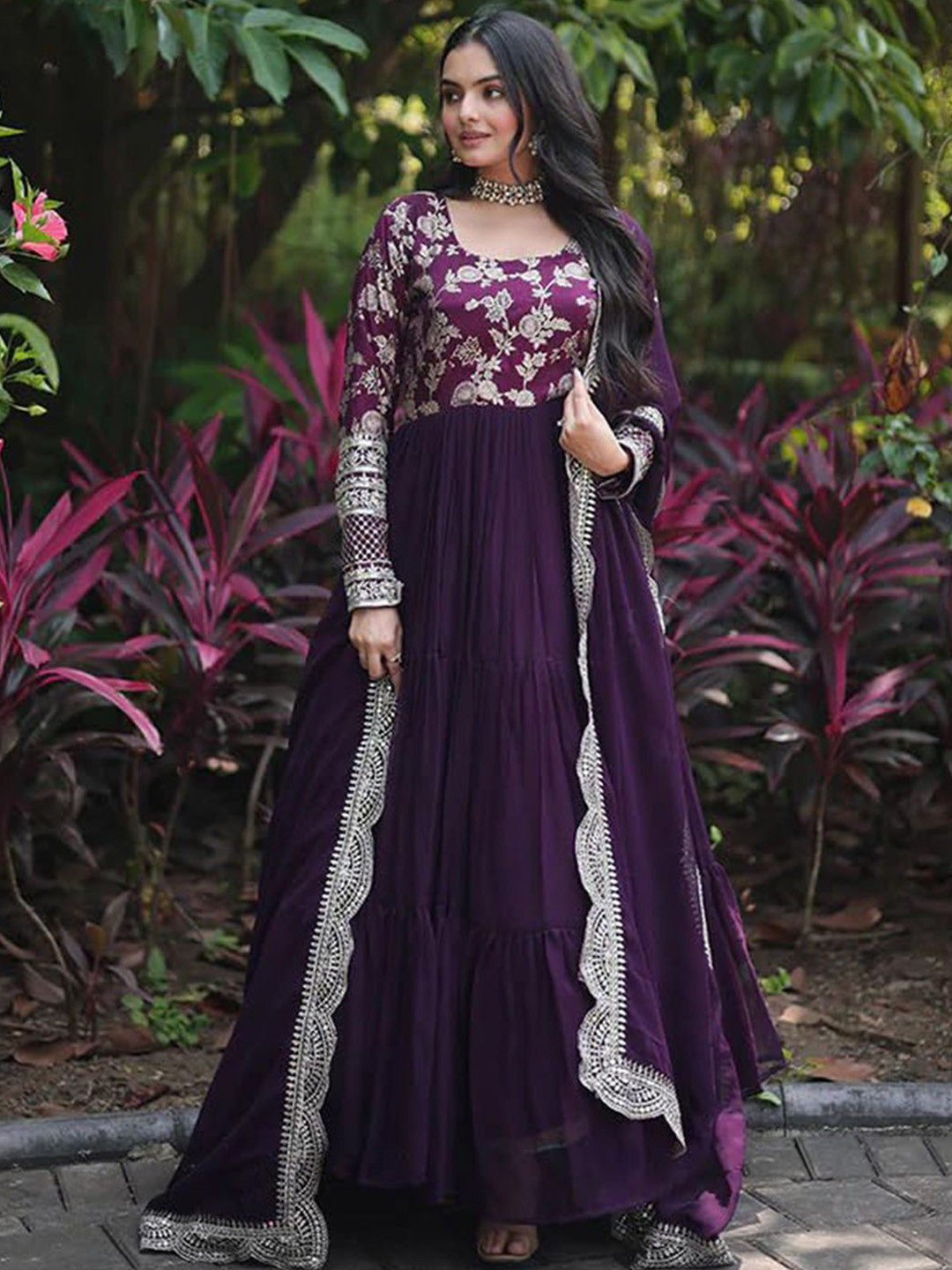 Kedar Fab Floral Yoke Design Empire Georgette Ethnic Dresses And Dupatta