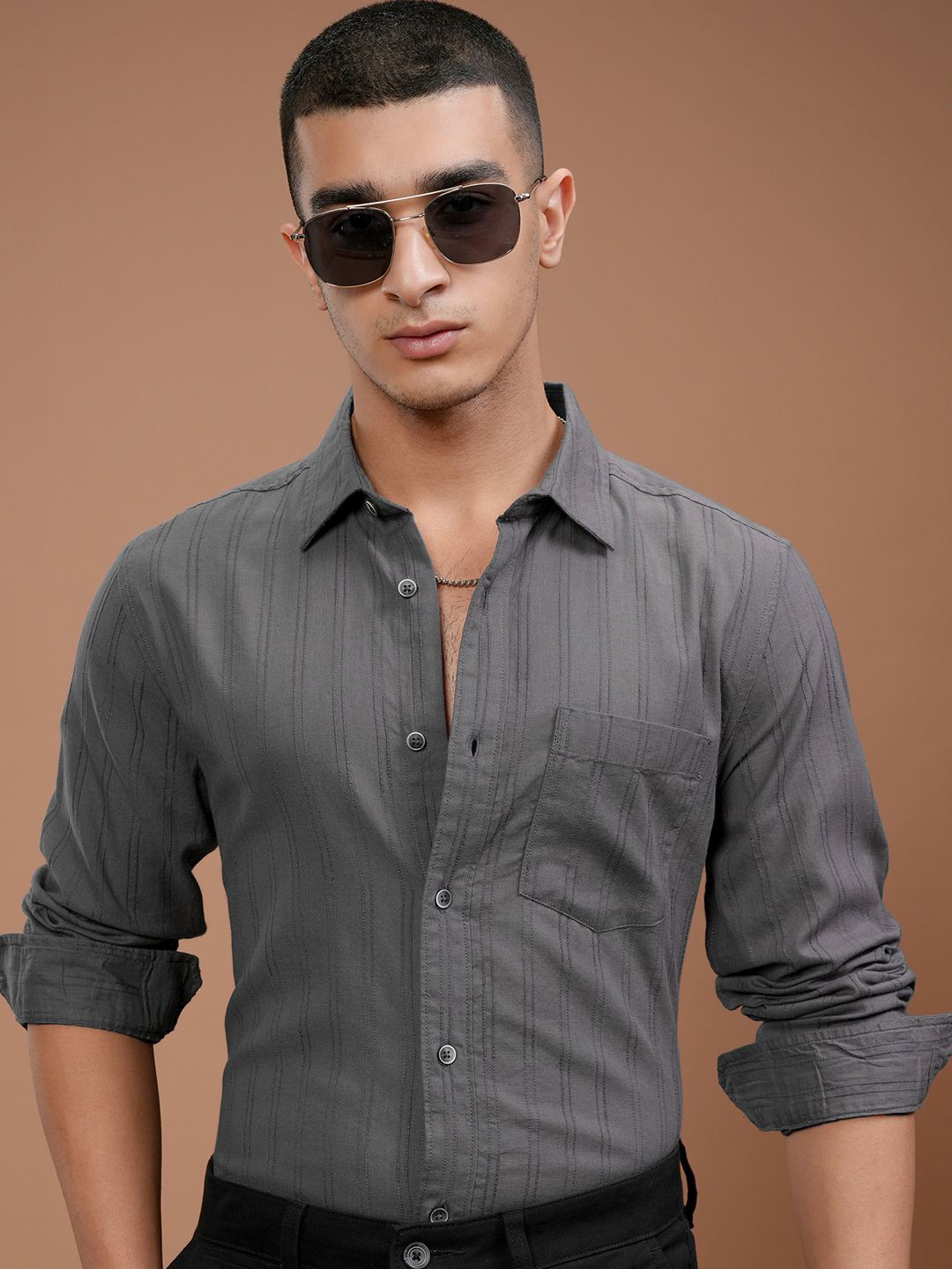 HIGHLANDER Men Fancy Yarn Textured Striped Slim Fit Casual Shirt