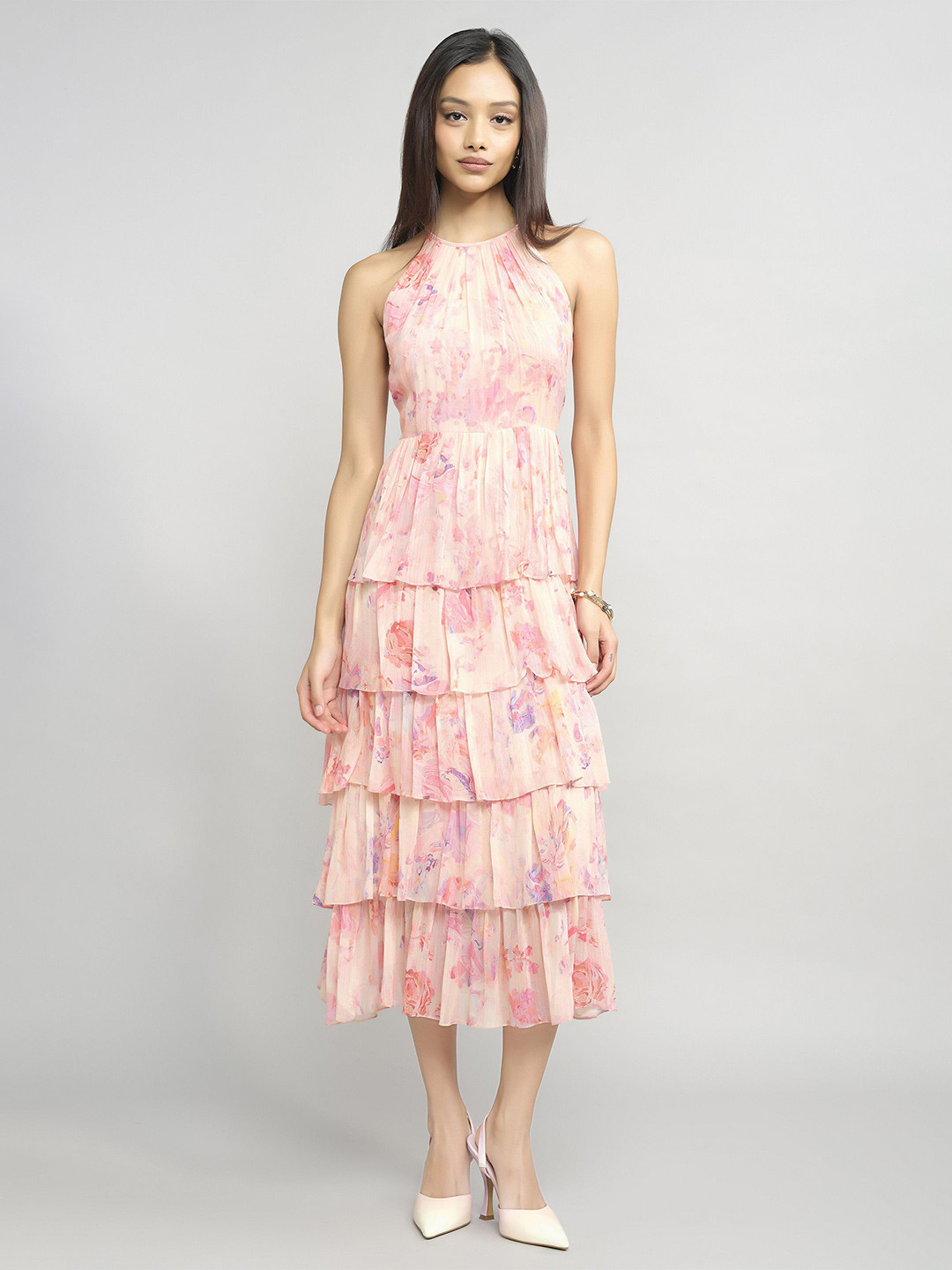 AND Floral Printed Halter Neck Layered Fit & Flare Midi Dress