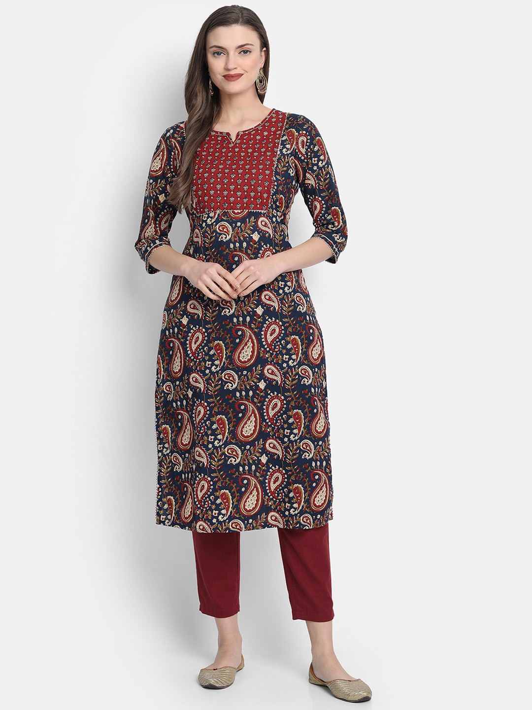 KUMARI Ethnic Motifs Printed Notch Neck Gotta Patti Pure Cotton Straight Kurtas