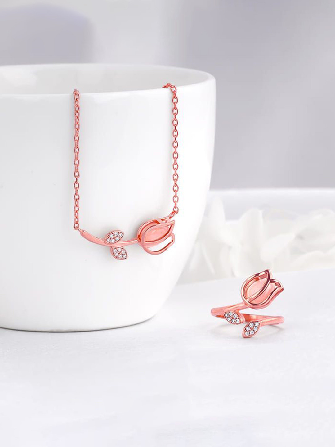 GIVA 925 Silver Rose Gold-Plated CZ Studded Quartz Flower Set Of Two Jewellery Set