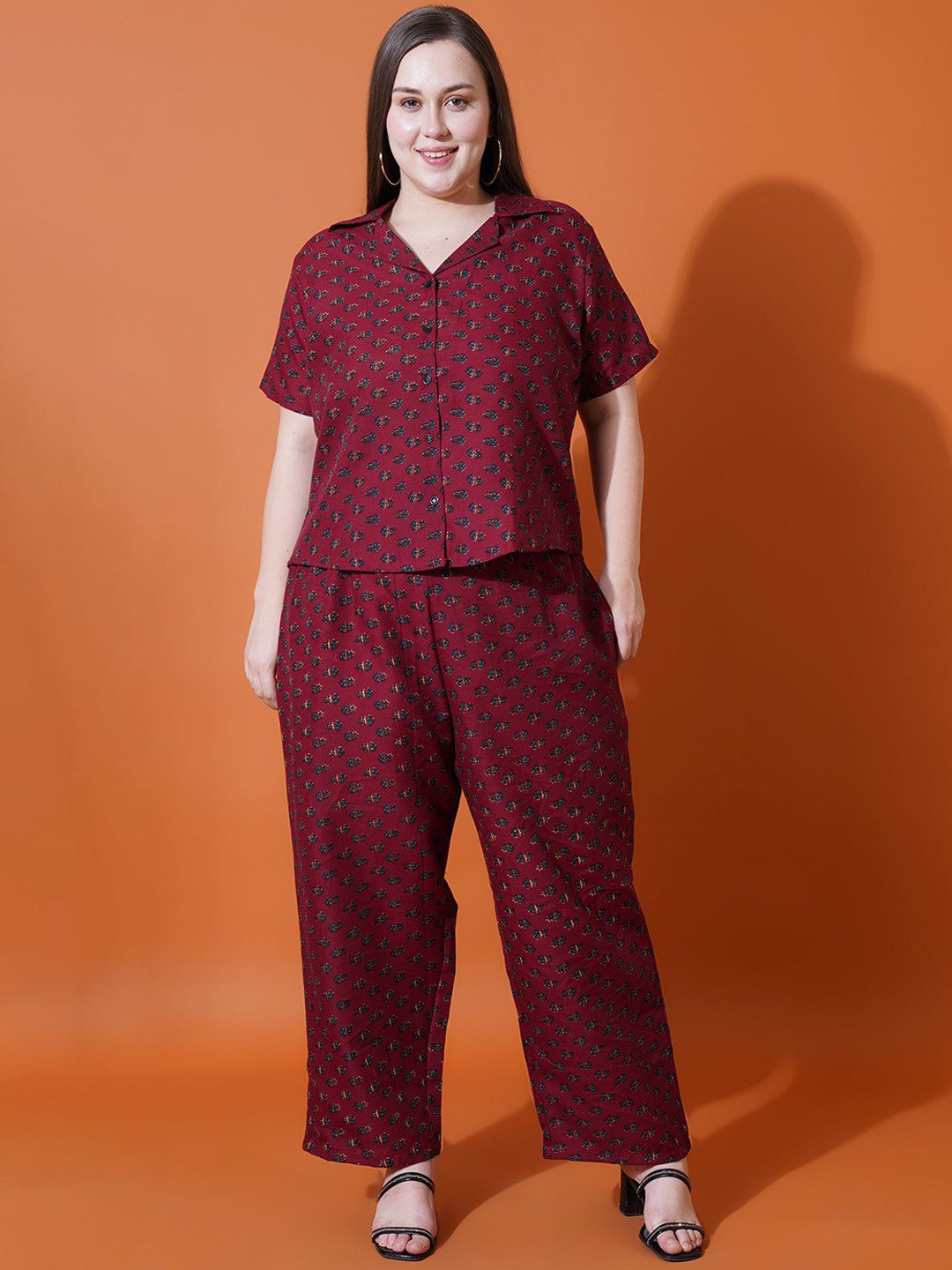 U&F Beyond Women Printed Shirt Collar Pure Cotton Co-Ords