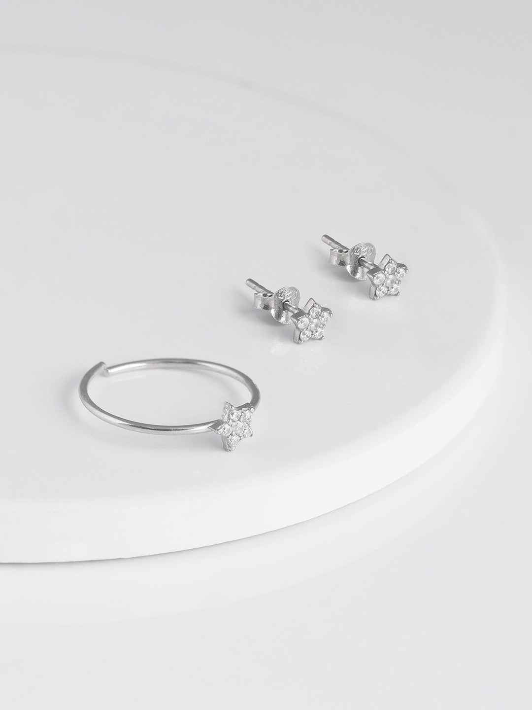 GIVA 92.5 Silver Rhodium-Plated CZ Studded Constellation Ring & Studs Jewellery Set