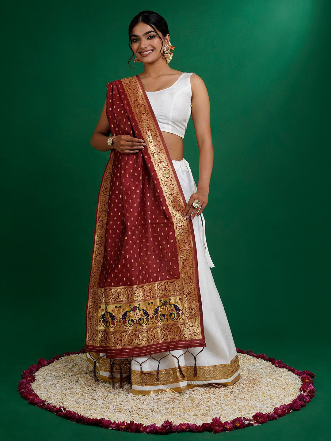 TEEJH Chandira Floral Woven Design Silk Dupatta With Zari