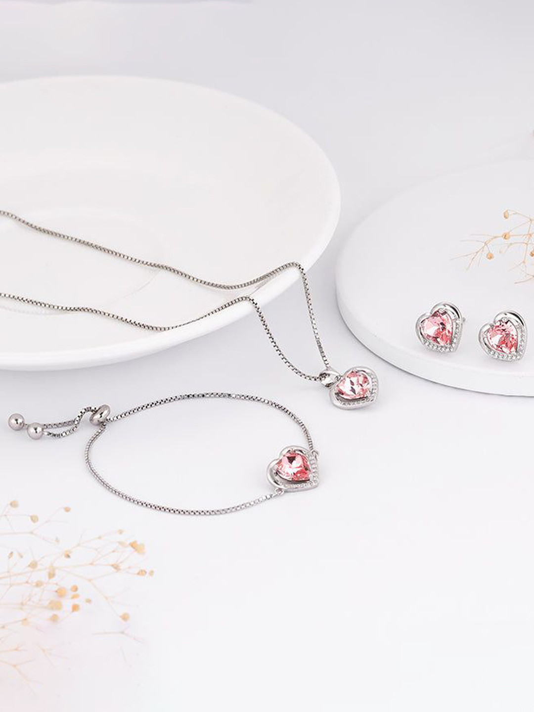 GIVA 925 Sterling Silver Rhodium-Plated CZ Stone-Studded Valentine Set Of 3 Jewellery Set