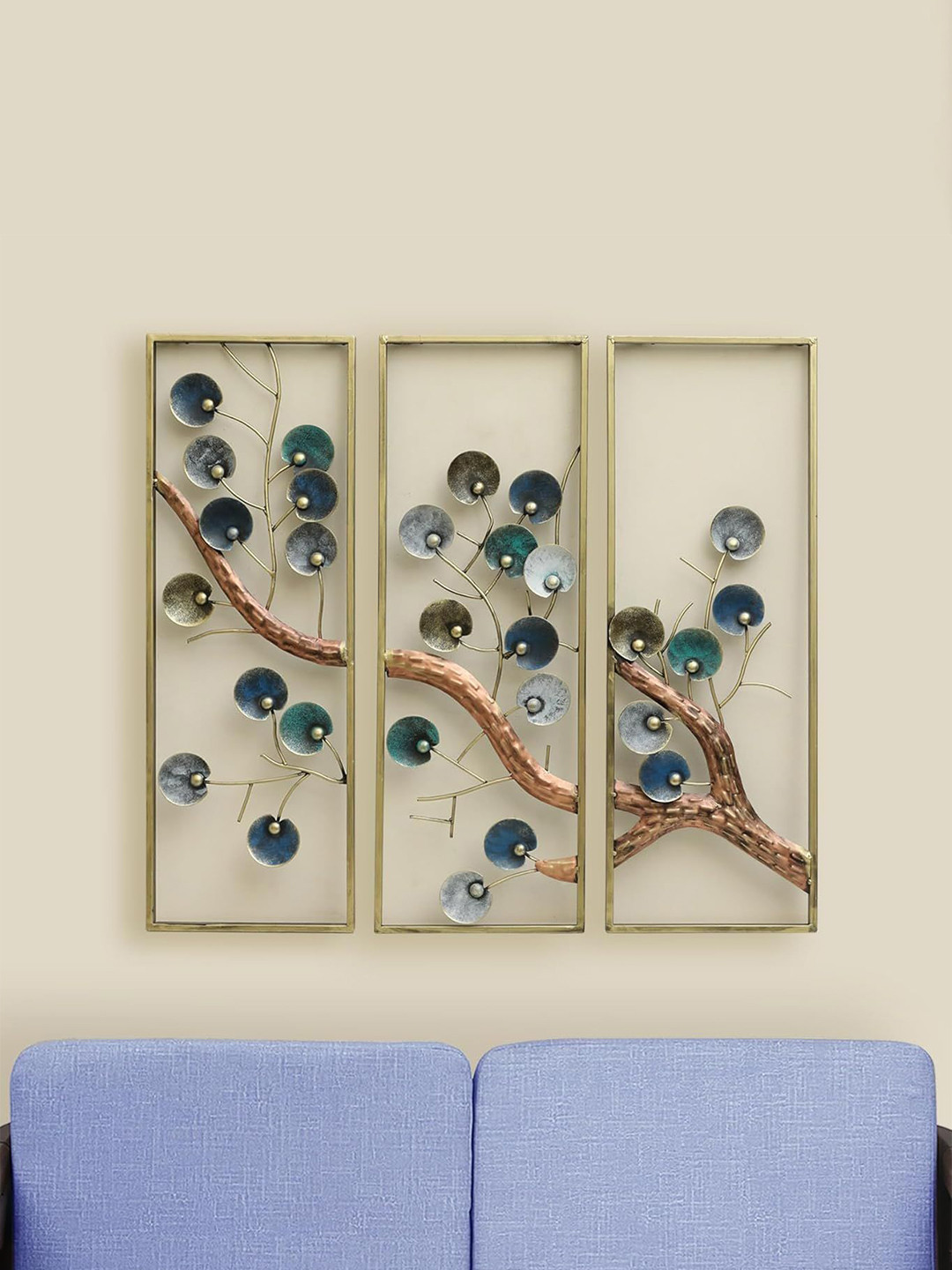 vedas Three Tree Frame Decor Metal Floral Glossy Hanging Hall 3Pcs Wall Hangings-33.1In