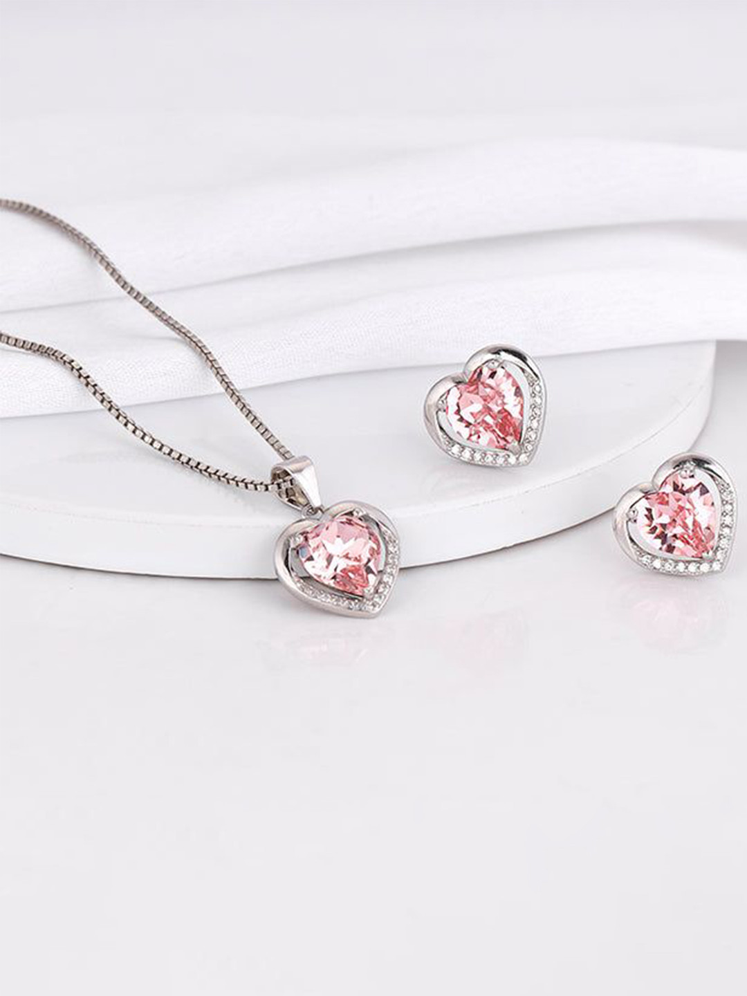 GIVA 92.5 Silver Rhodium-Plated Cubic Zirconia Studded Valentine Set Of 2 Jewellery Set