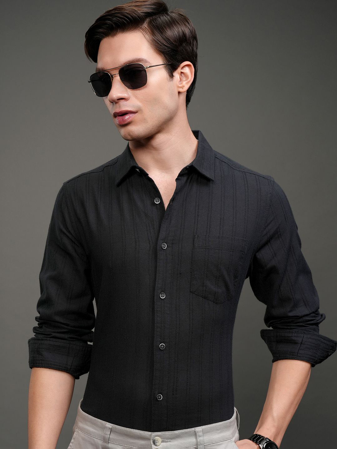 HIGHLANDER Men Fancy Yarn Textured Striped Casual Slim Fit Shirt