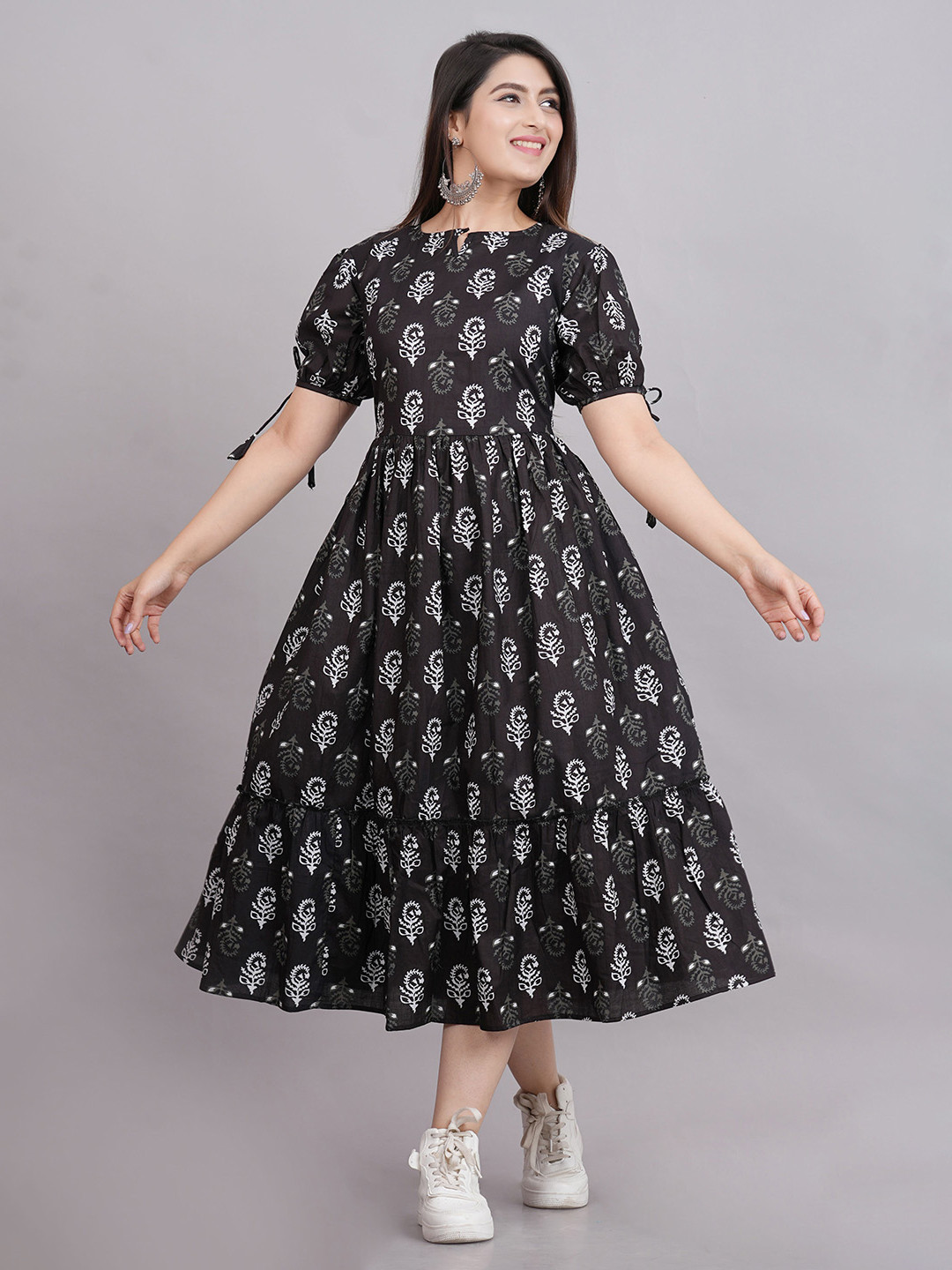 MF ERA Ethnic Motifs Print Puff Sleeve Pure cotton Fit & Flare Midi Dress