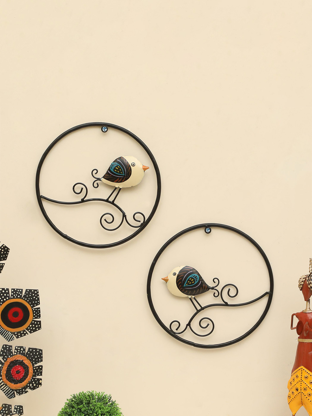 vedas Aarav Bird Metal Floral Glossy Hanging Hall 2Pcs Wall Hangings-9.8In