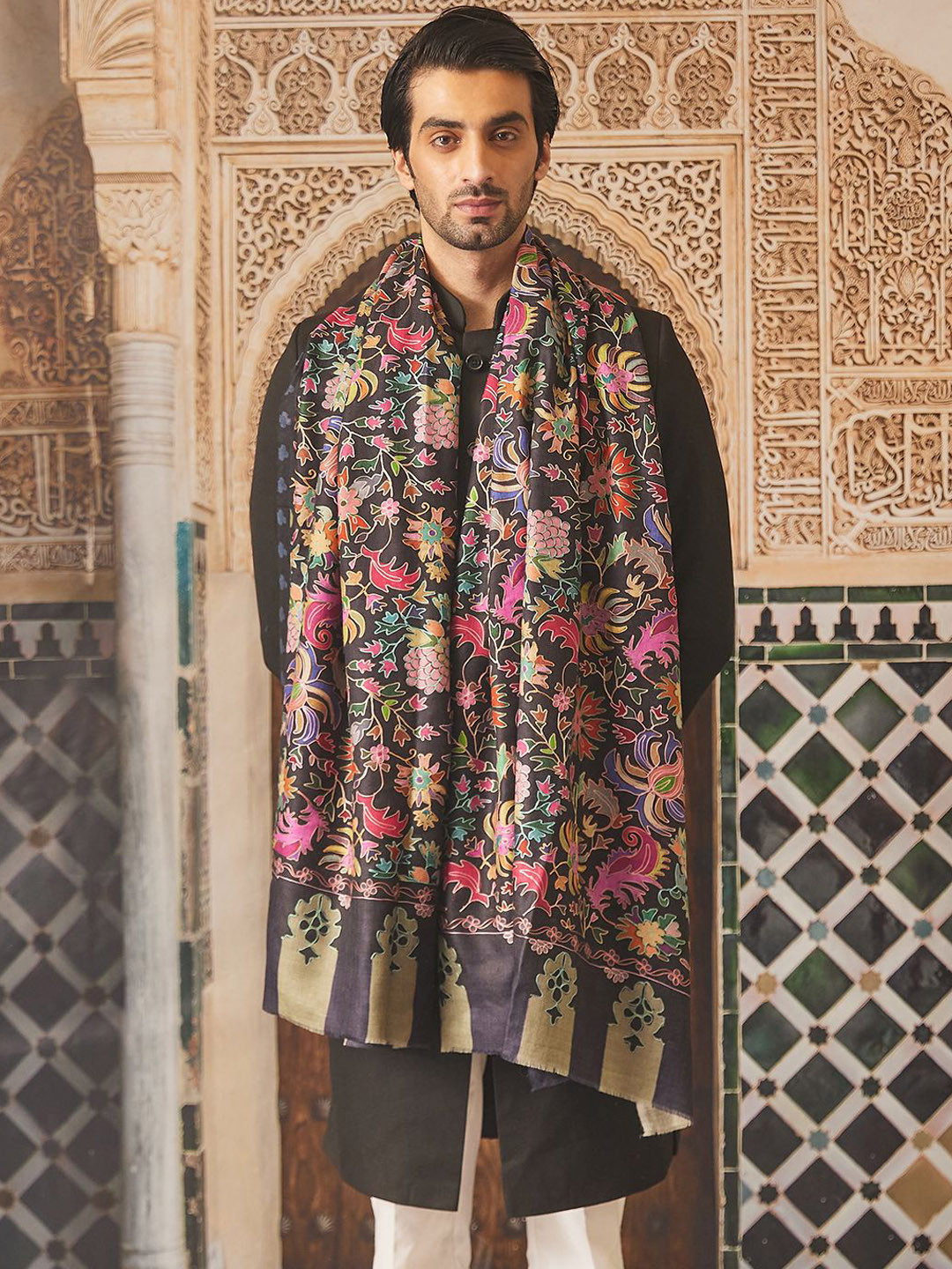 Pashmoda Kalamkari Floral Embroidered Woollen Shawl