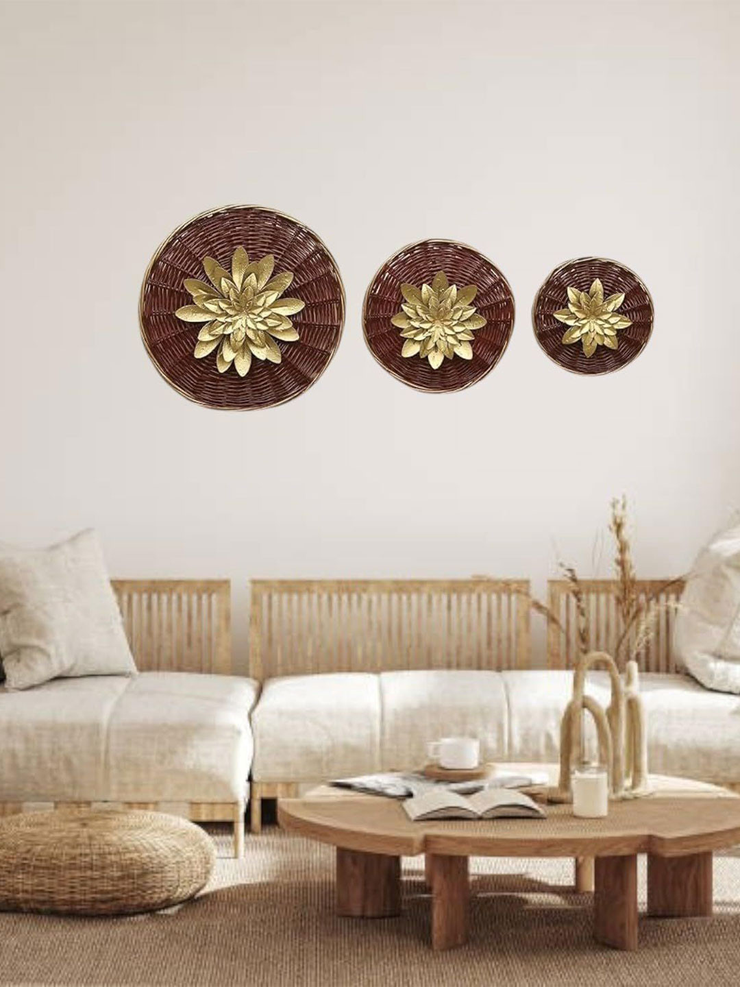 vedas Anya Cane Circle Flower Metal Matte Hanging Hall Floral Wall Decor-11.5In