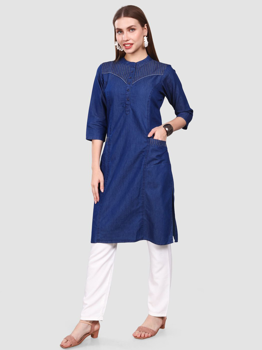 SK Creation Striped Printed Denim Straight Kurta