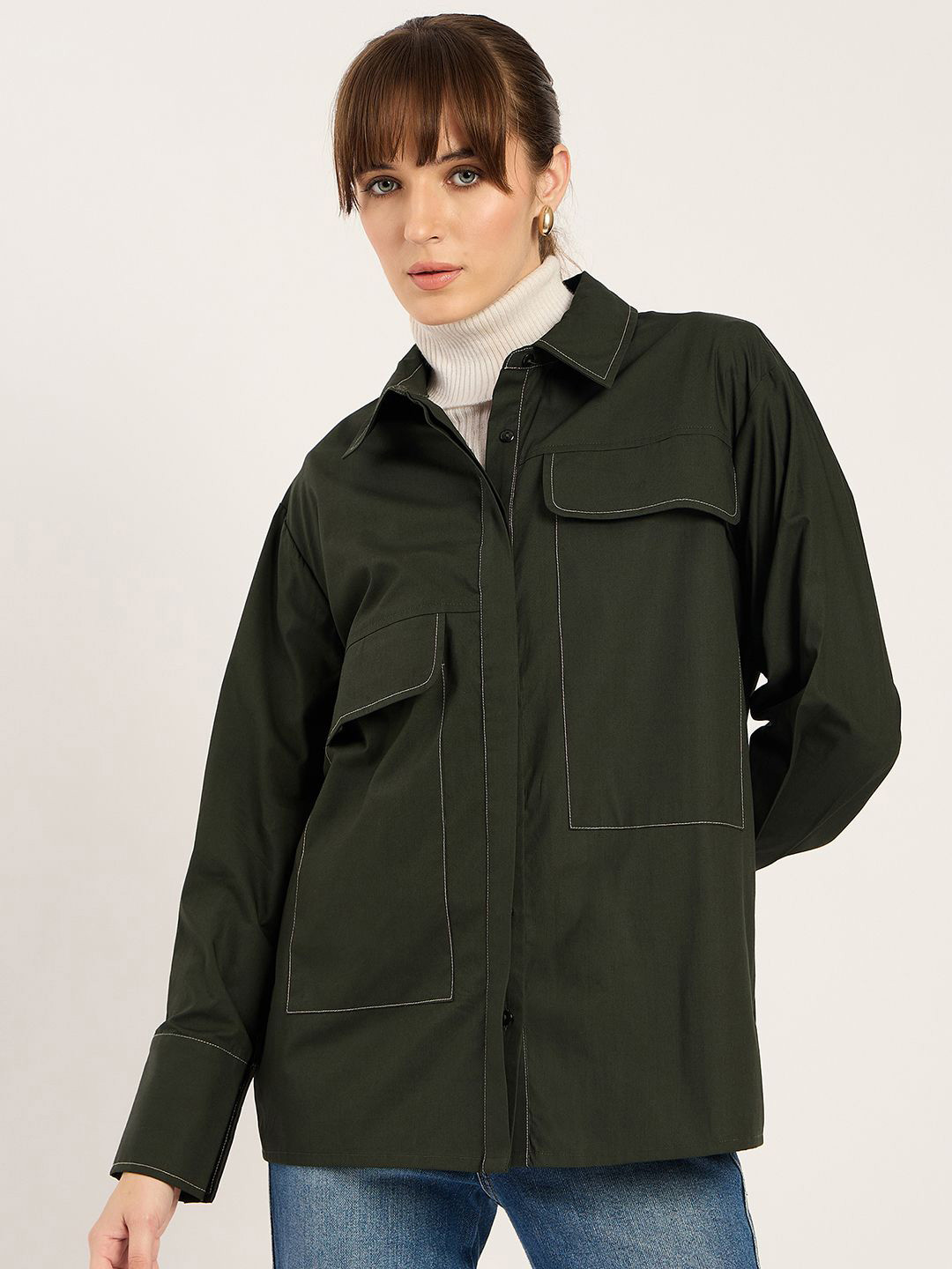 FEMMELLA Women Relaxed Oversized Fit Spread Collar Solid Cotton Casual Shirt