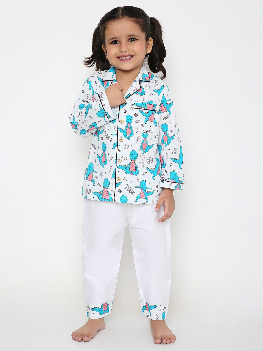 Little Clothings Girls Snuggle-Saurus Printed Pure Cotton Shirt With Trousers