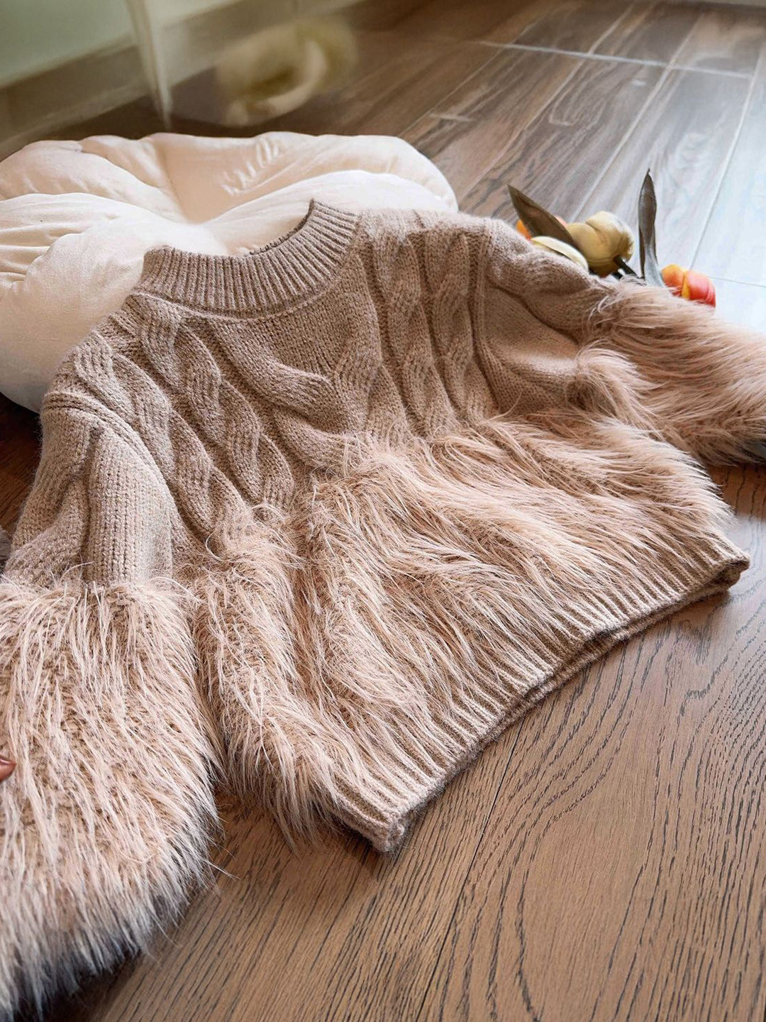 FOREVER FRIDAY Girls Cable Knit Pullover with Fuzzy Detail