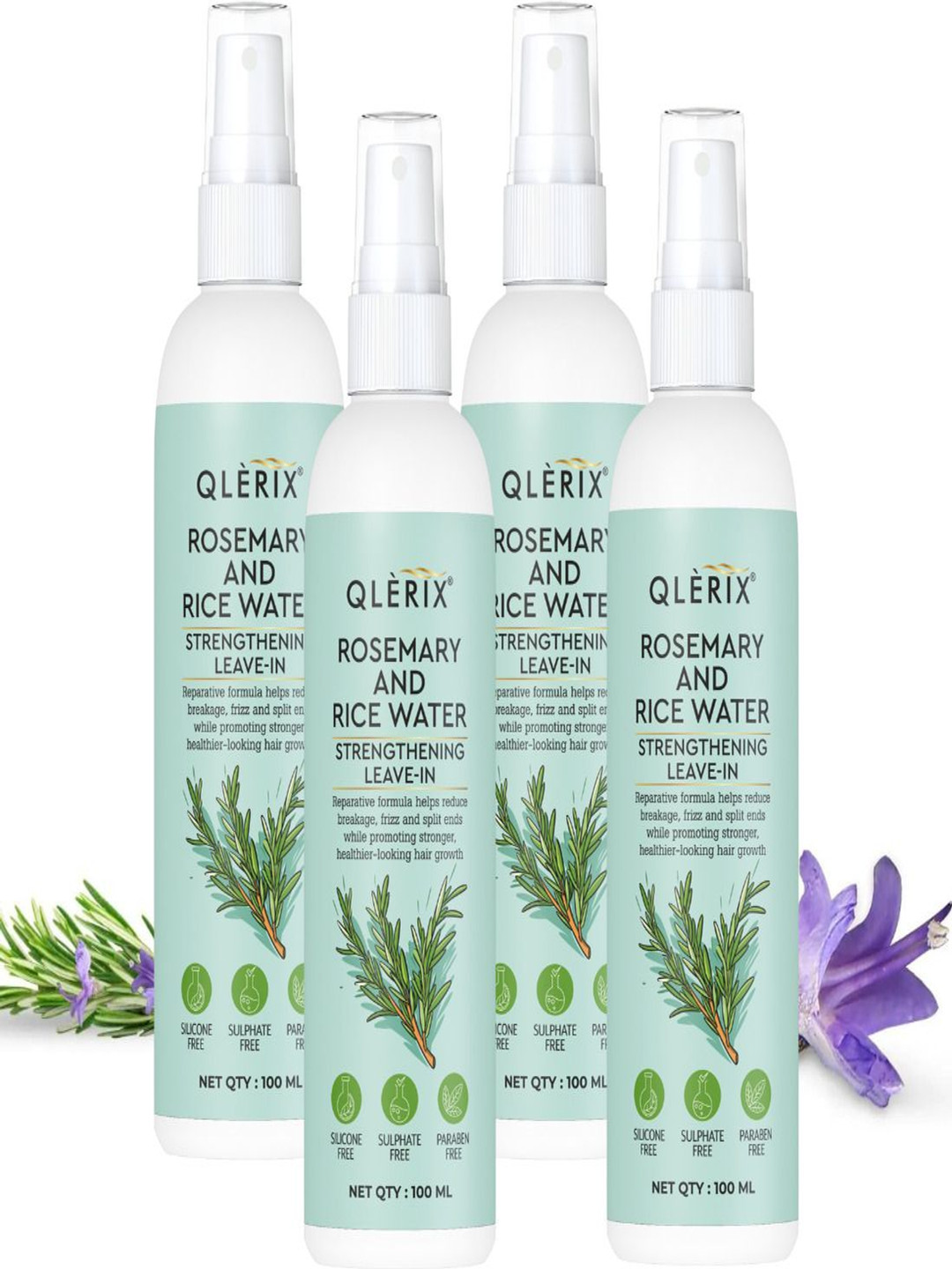 QLERIX Set Of 4 Rosemary & Rice Water Leave-In Spray For Strengthening Hair - 100 ml Each