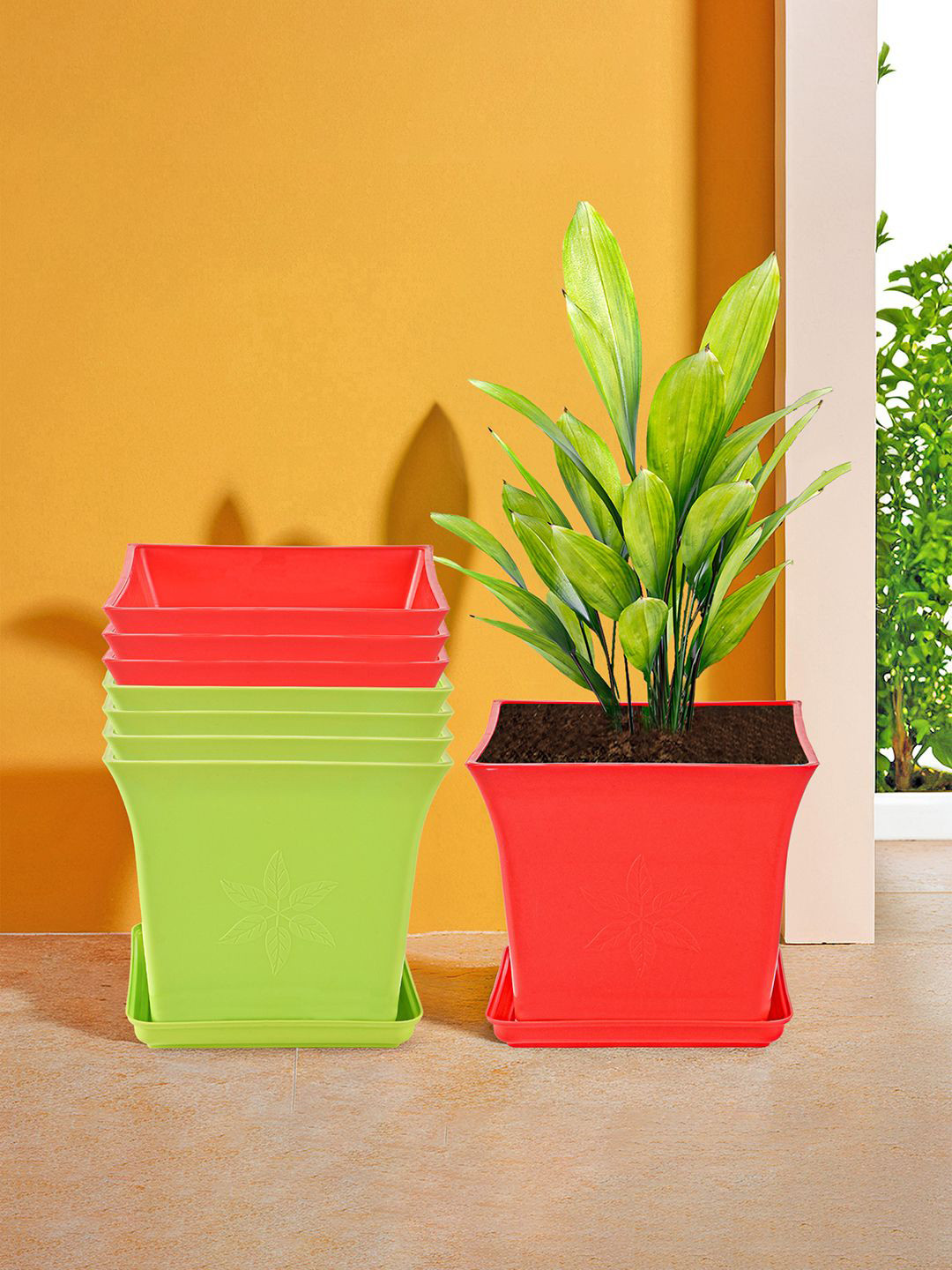 Kuber Industries Green & Red 8 Pieces Premium Flower Pots for Garden with Bottom Plates