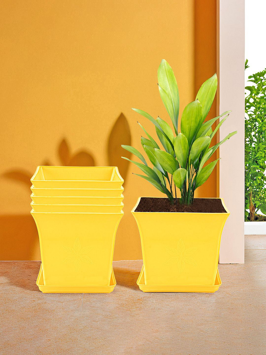 Kuber Industries 6 Pieces Yellow Premium Flower Pots for Garden with Bottom Plates