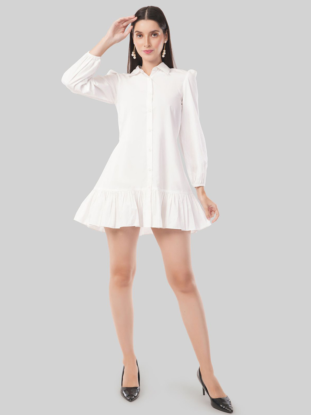 KAIN Women Puff Sleeves Cotton Shirt Mini Dress