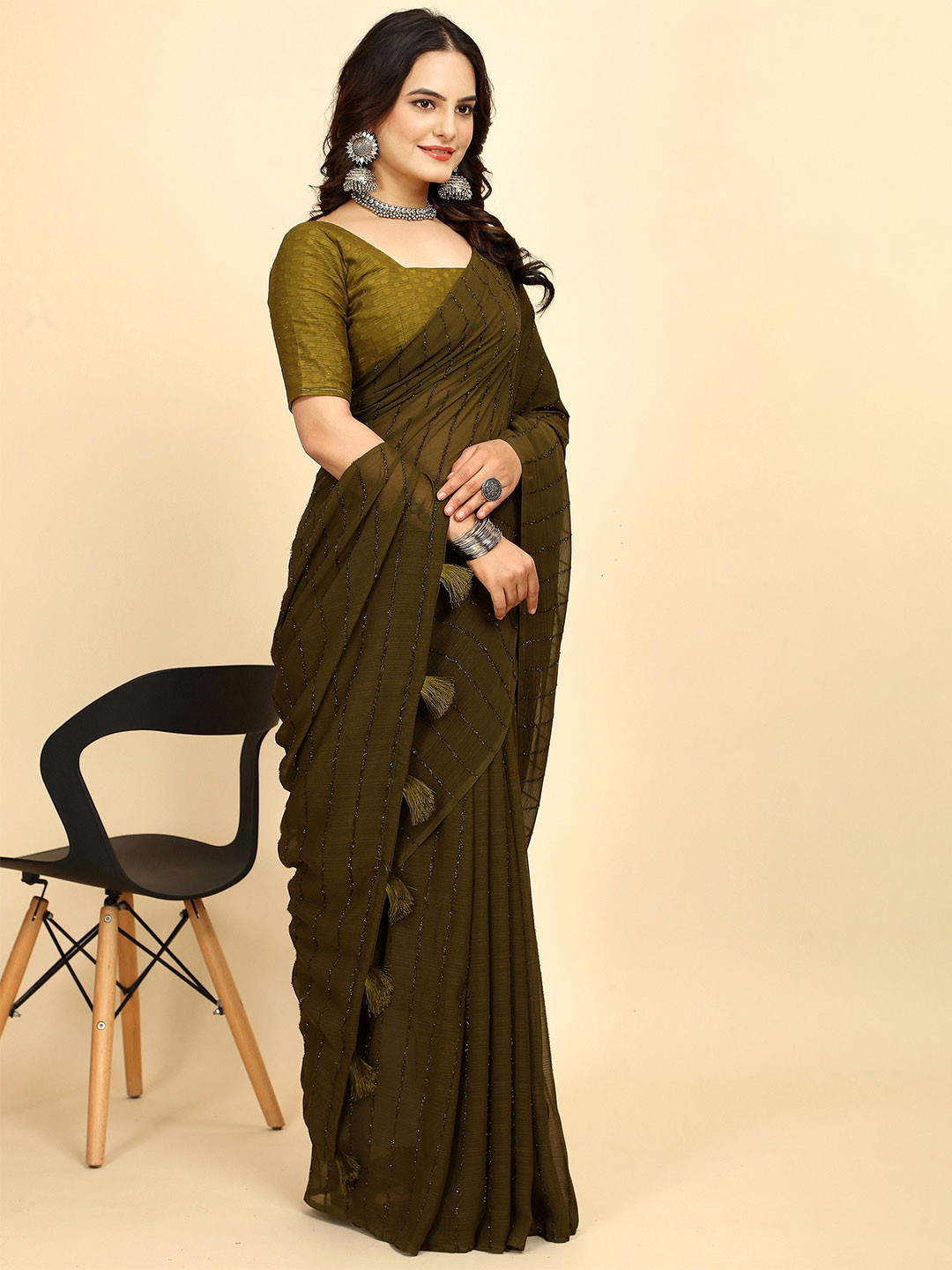 K 5 Fashion Striped Pure Chiffon Saree