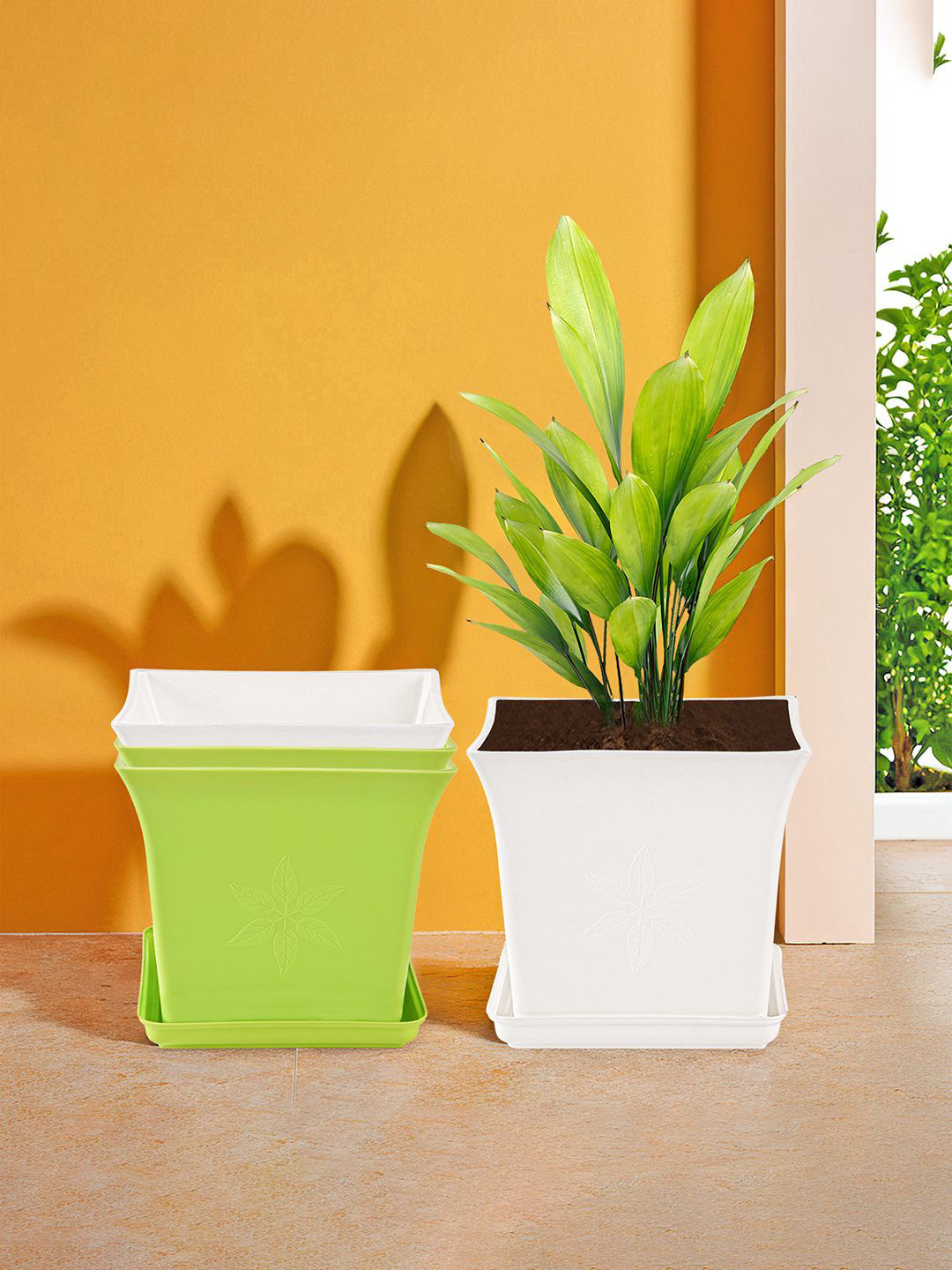 Kuber Industries 4 Pieces Green & White Premium Flower Pots for Garden with Bottom Plates