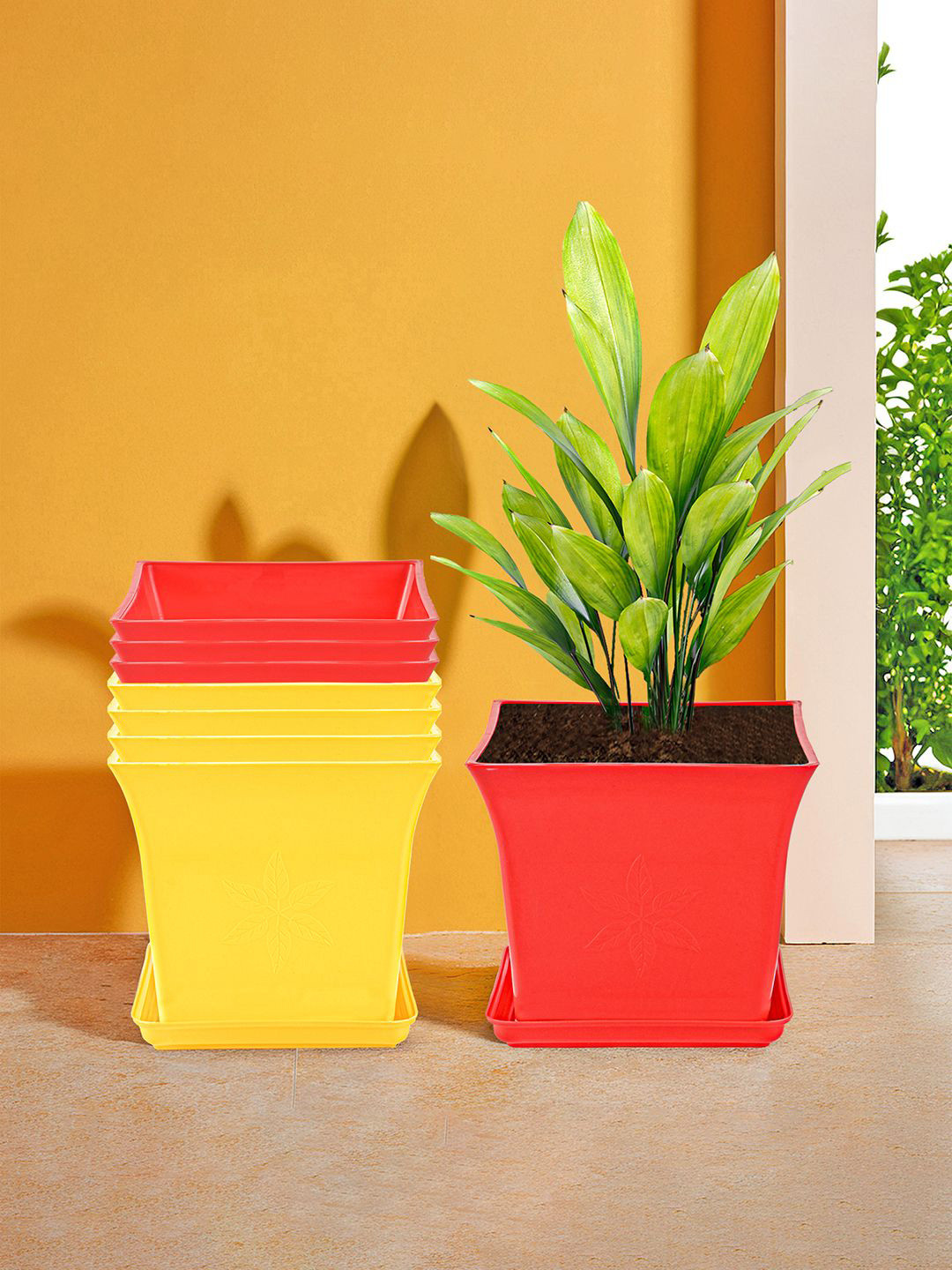 Kuber Industries 8 Pieces Red & Yellow Premium Flower Pots for Garden with Bottom Plates