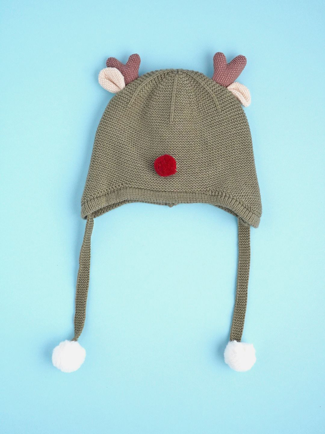 Little Surprise Box LLP Kids Olive Baby Antler Soft Woolen Cap With Tie Up 6-18 Months