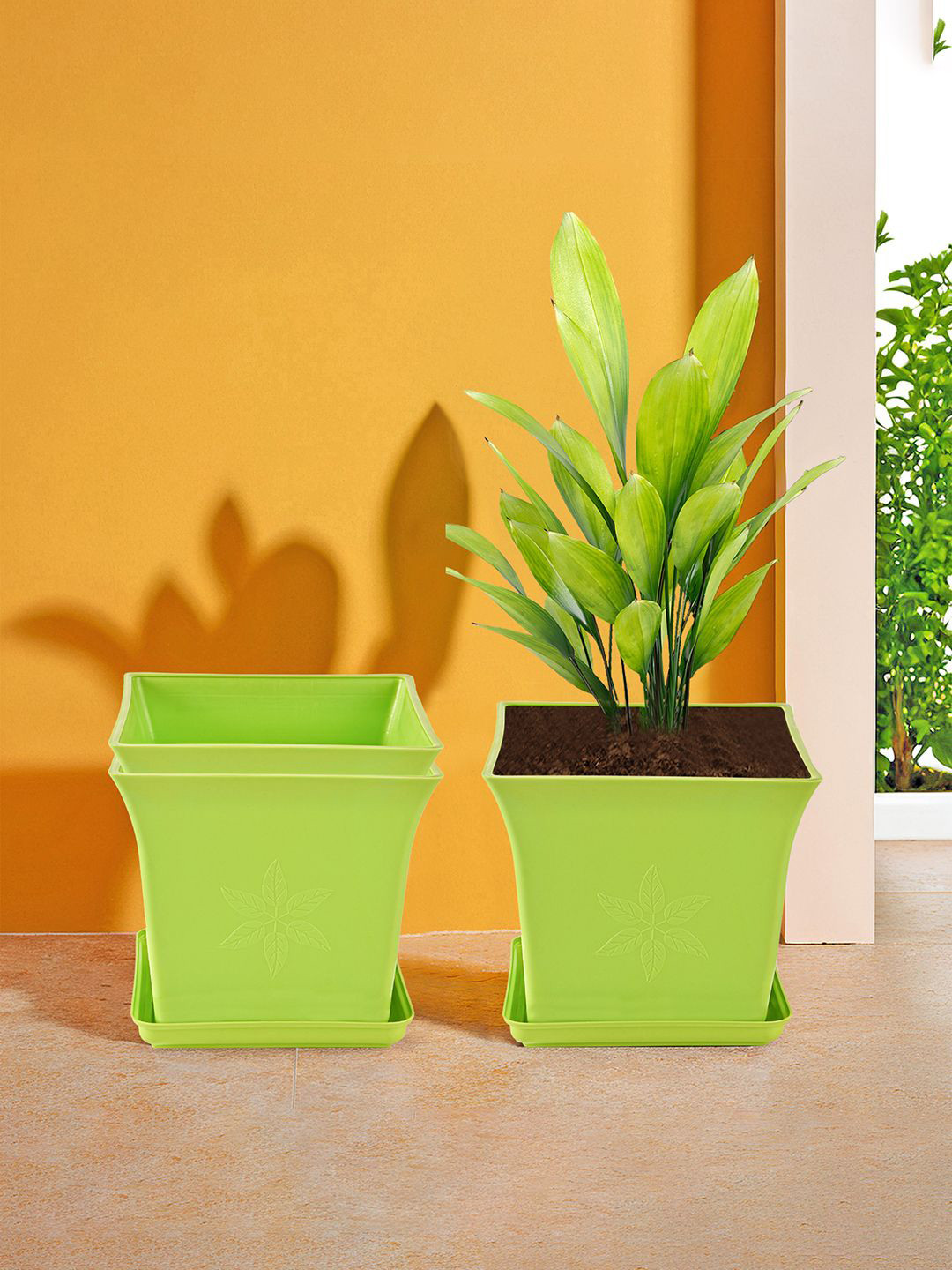 Kuber Industries Green 3 Pieces Premium Flower Pots for Garden with Bottom Plates
