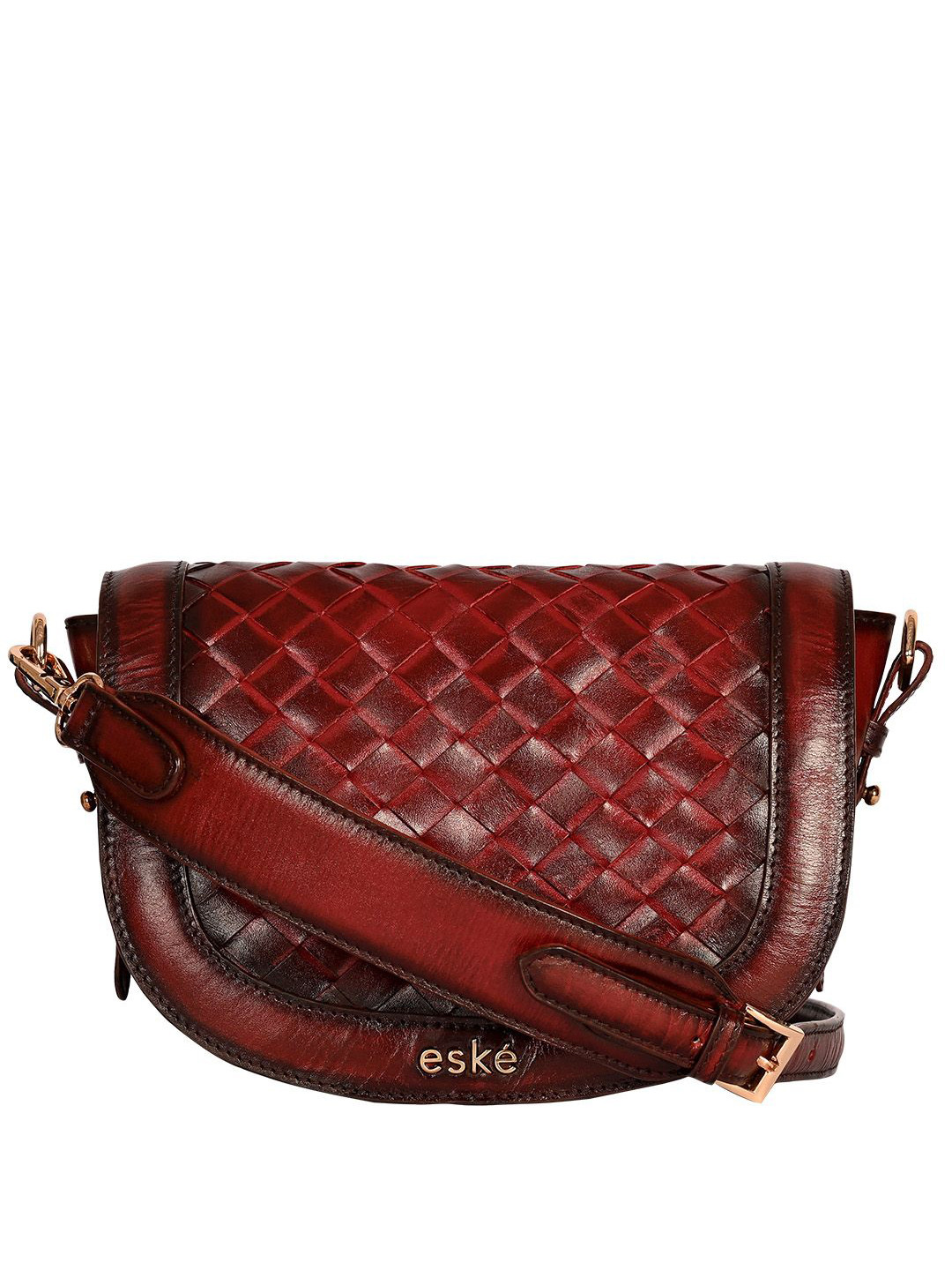eske Women Maroon Braided  Woven Design Adjustable Sling Strap Leather Shoulder Bag