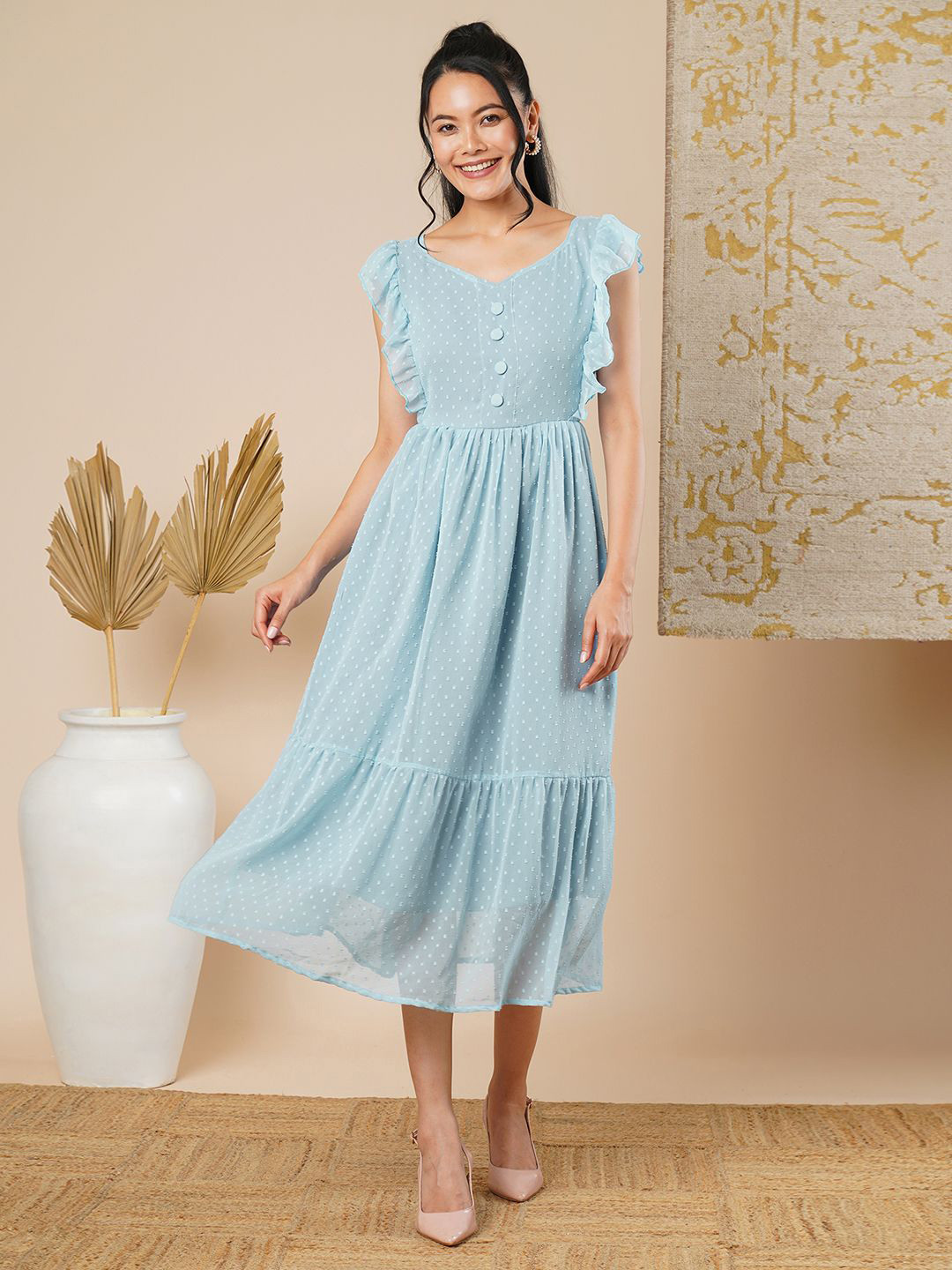 BEN-LEE Self Design Ruffles Detail Georgette Fit & Flare Midi Dress