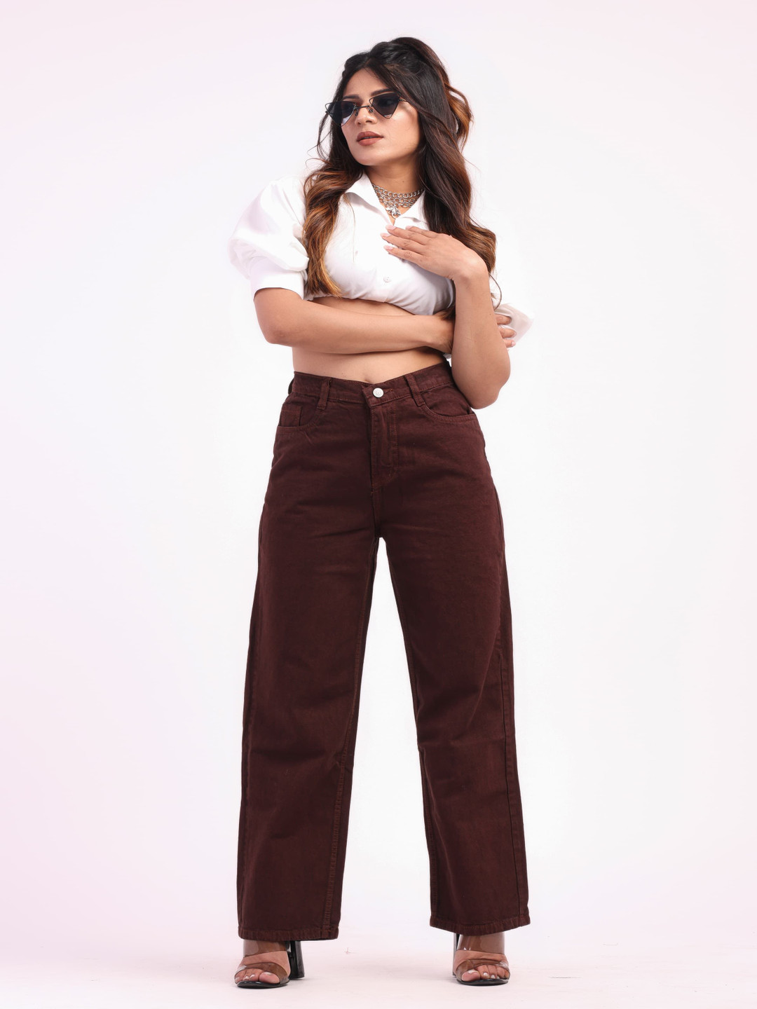 HIGH BUY Women Loose Wide Leg High-Rise Slash Knee Jeans