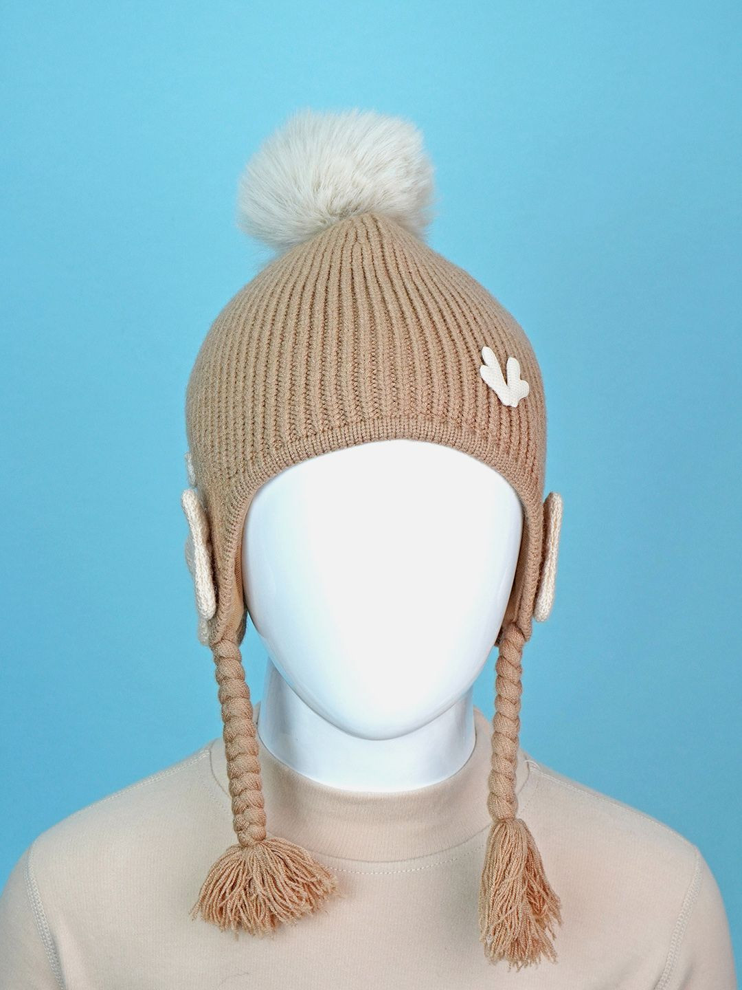 Little Surprise Box LLP Kids Brown Butterfly Knitted Soft Woolen Winter Cap With Tie Up