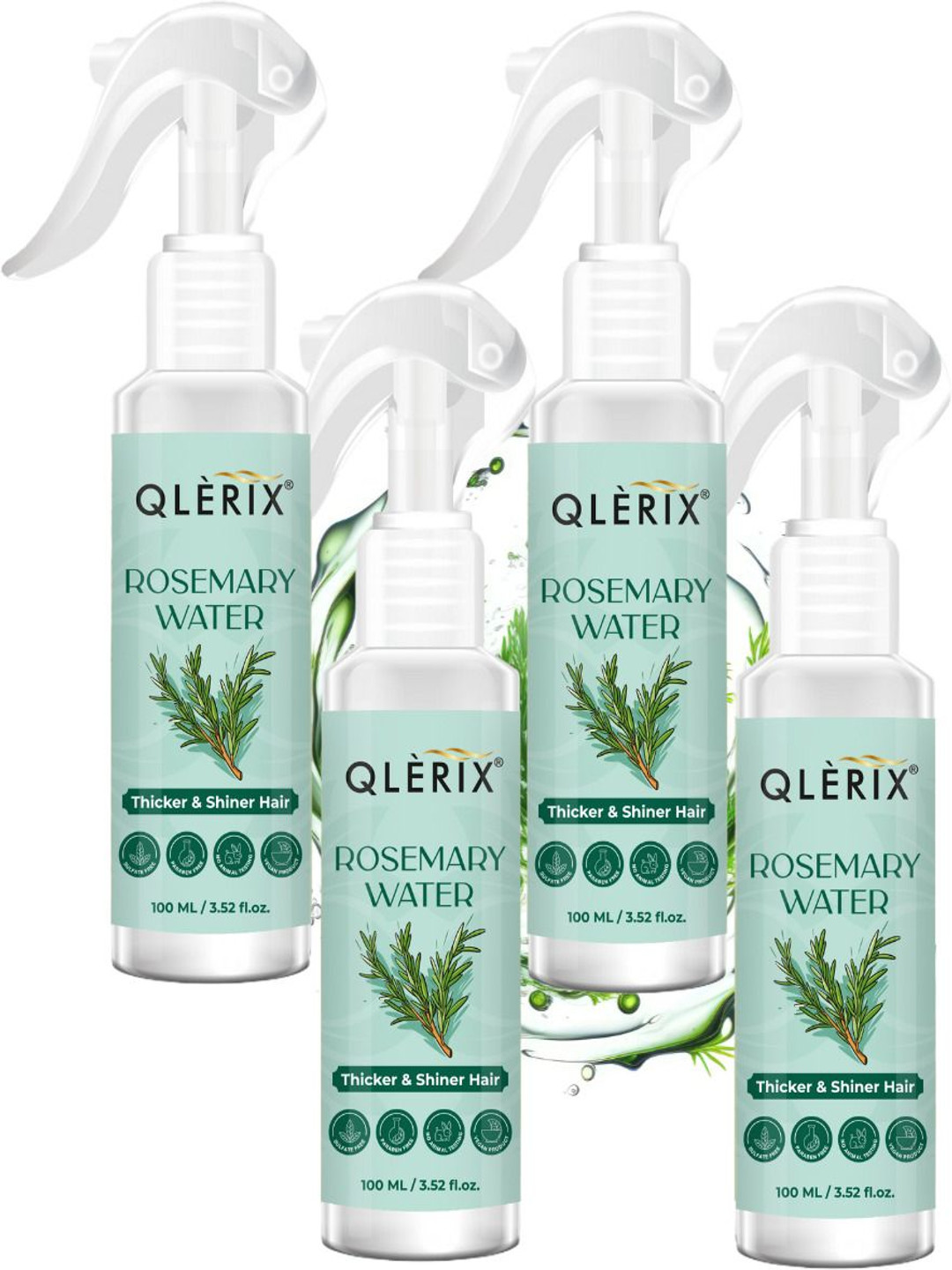 QLERIX Set Of 4 Rosemary Water Spray For Thicker- Shiner & Stronger Hair - 100 ml Each