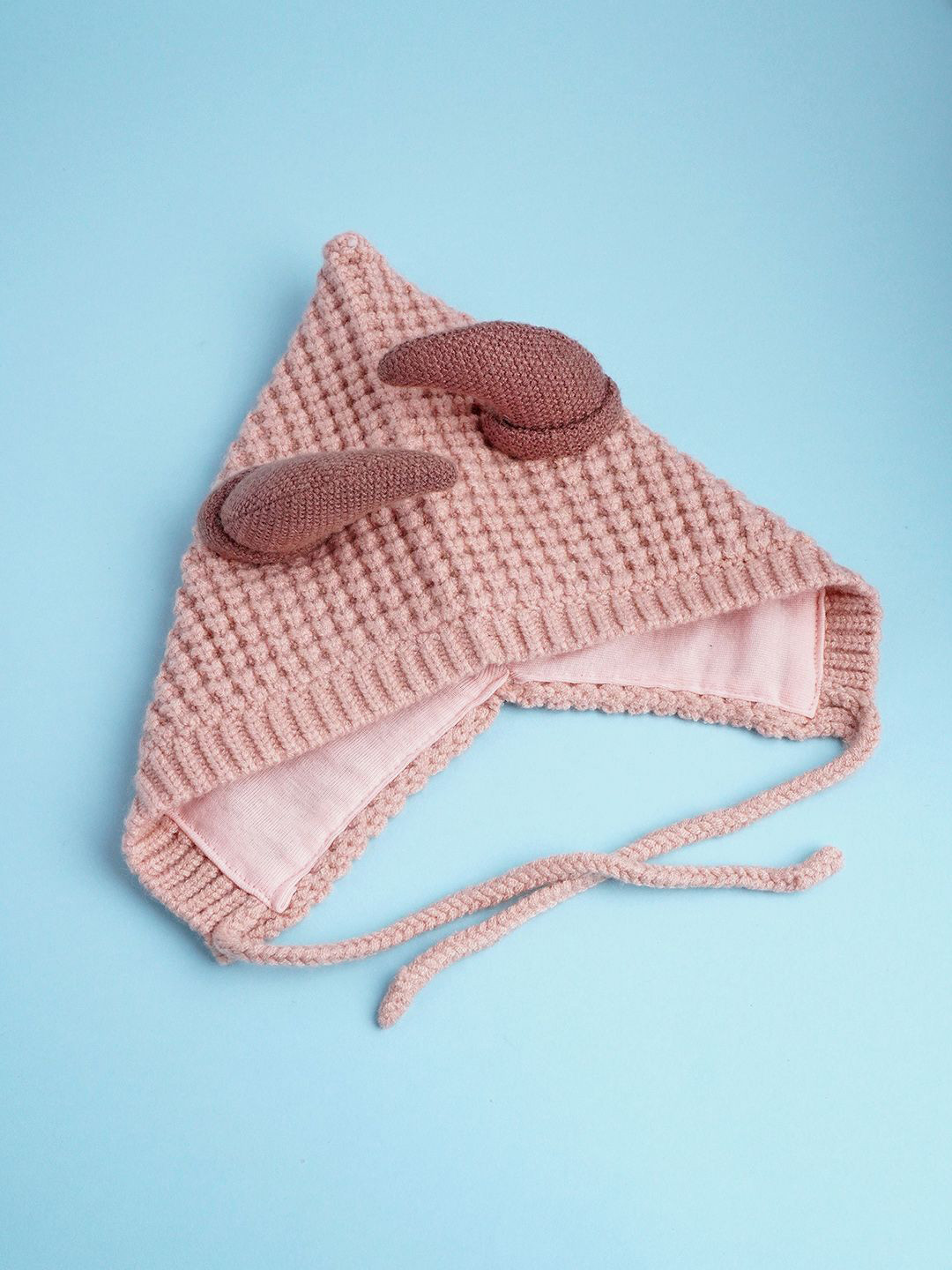 Little Surprise Box LLP Kids Peach Baby Horns Knitted Woolen Winter Cap With Tie Up